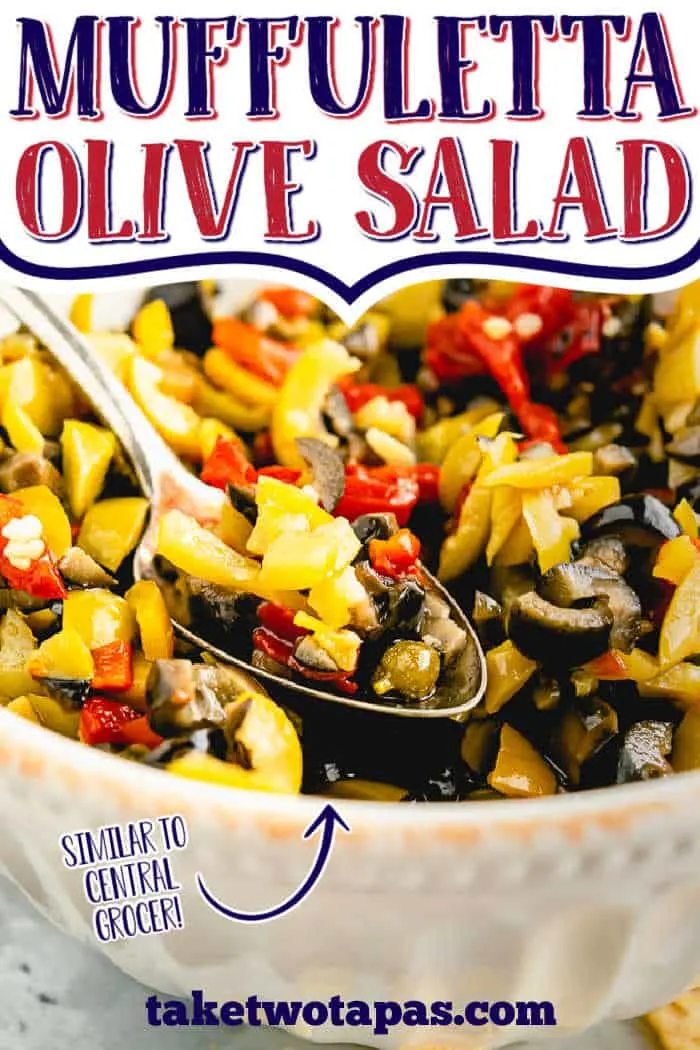 spoon of olive salad with text "muffuletta olive salad"