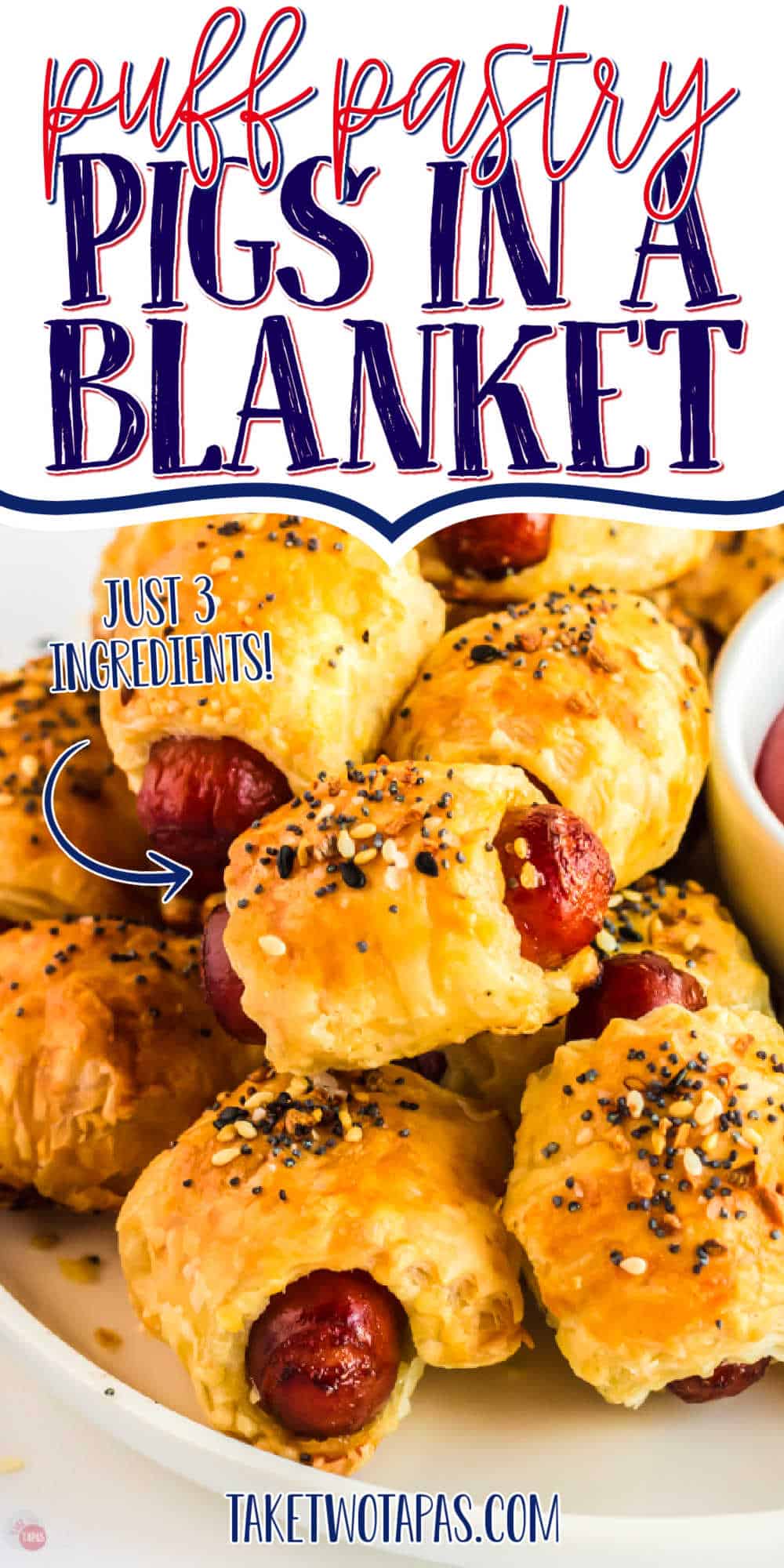 mini puff pastry dogs with text "puff pastry pigs in a blanket"