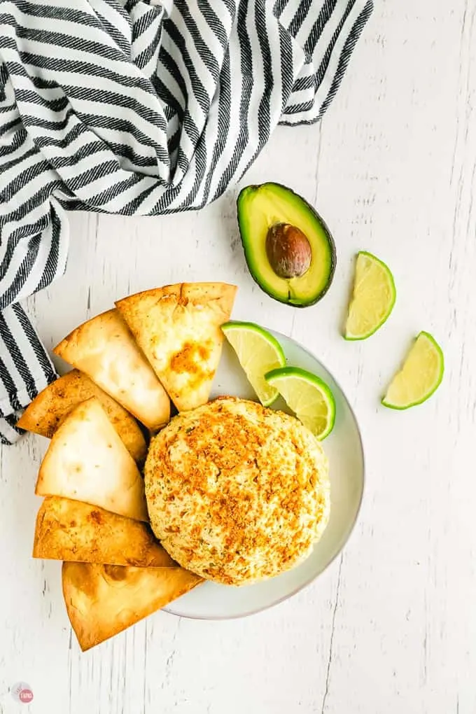 cheese ball with chips and dish towel