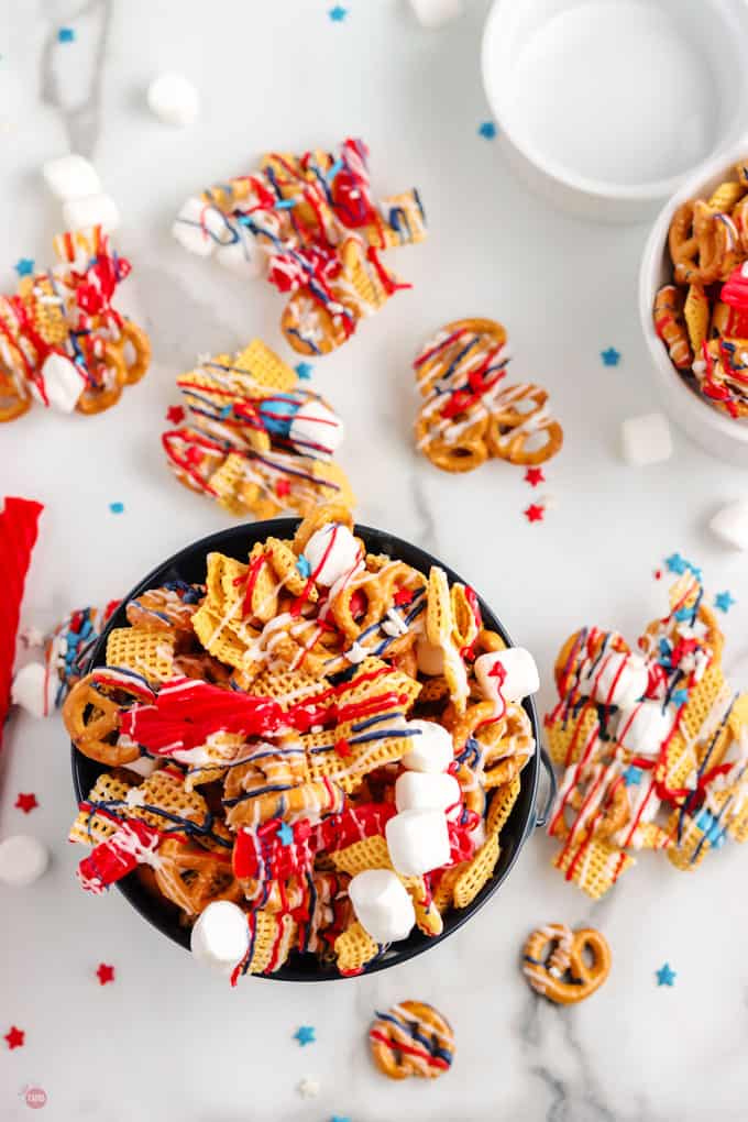 overhead picture of pail of snack mix