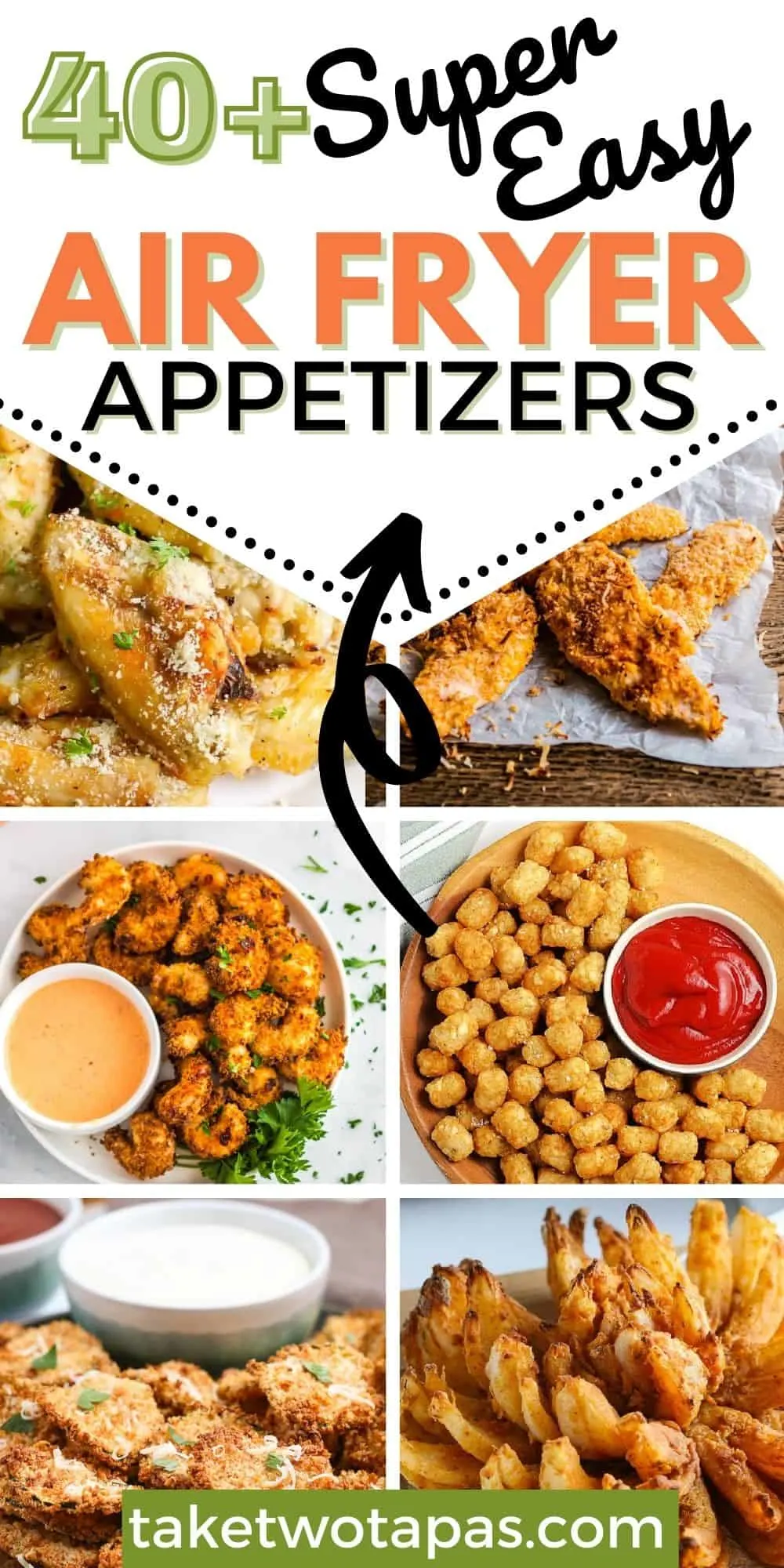 collage with fried shrimp with text "40+ air fryer appetizer recipes"