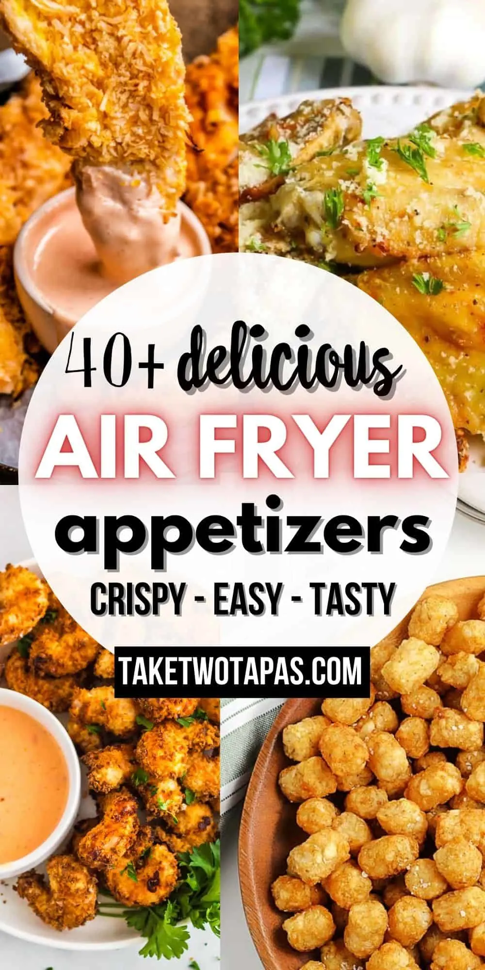 collage with fried shrimp with text "40+ air fryer appetizer recipes"