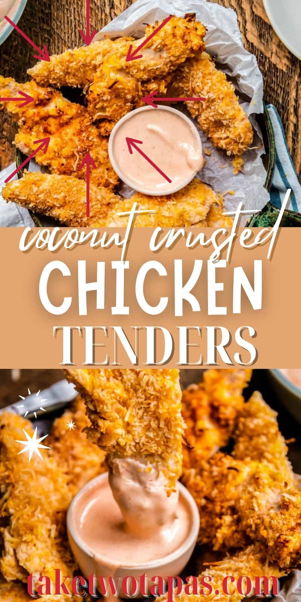 collage of chicken with text "coconut crusted chicken tenders"