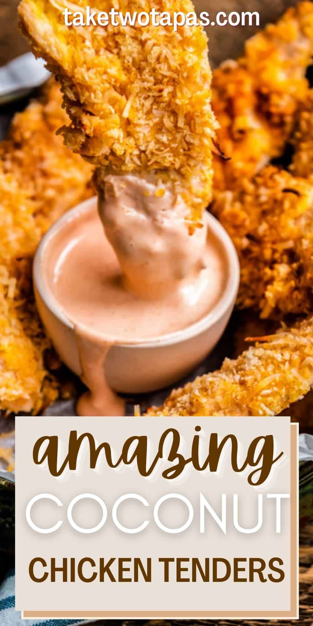 collage of chicken with text "amazing coconut chicken tenders"