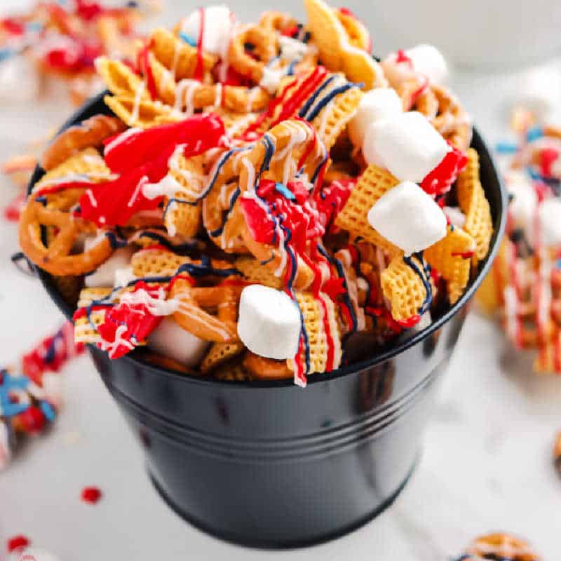 black pail of snack mix