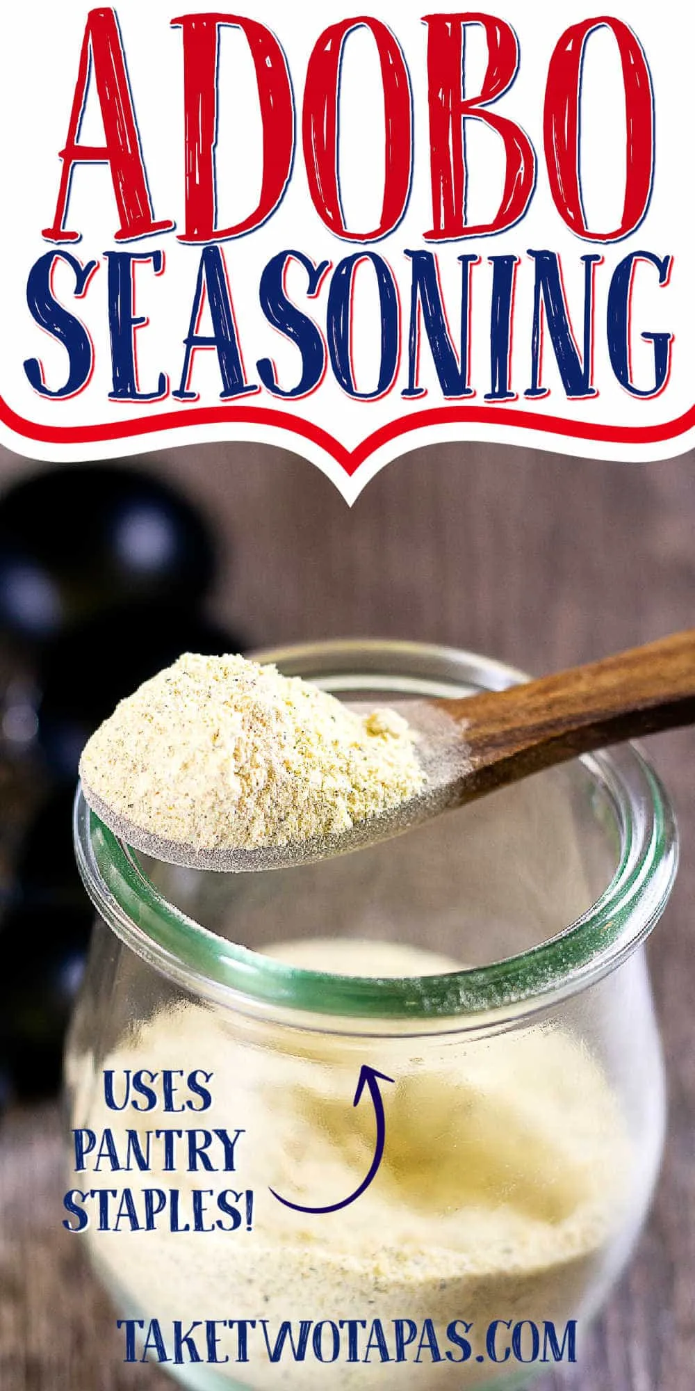 spoon of adobo seasoning with text overlay for pinterest