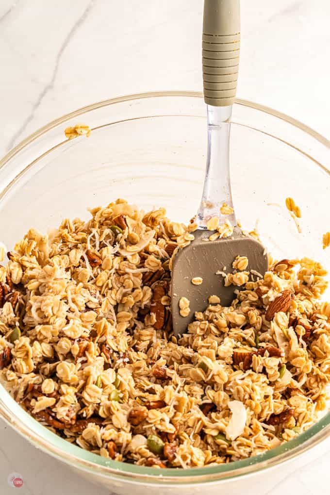 granola and spoon in a bowl