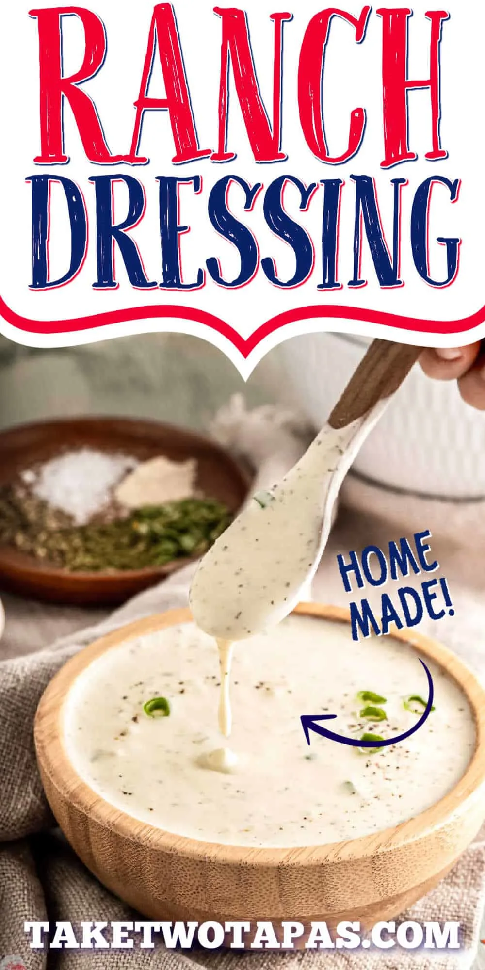 bowl with spoon of dressing with text "ranch dressing"