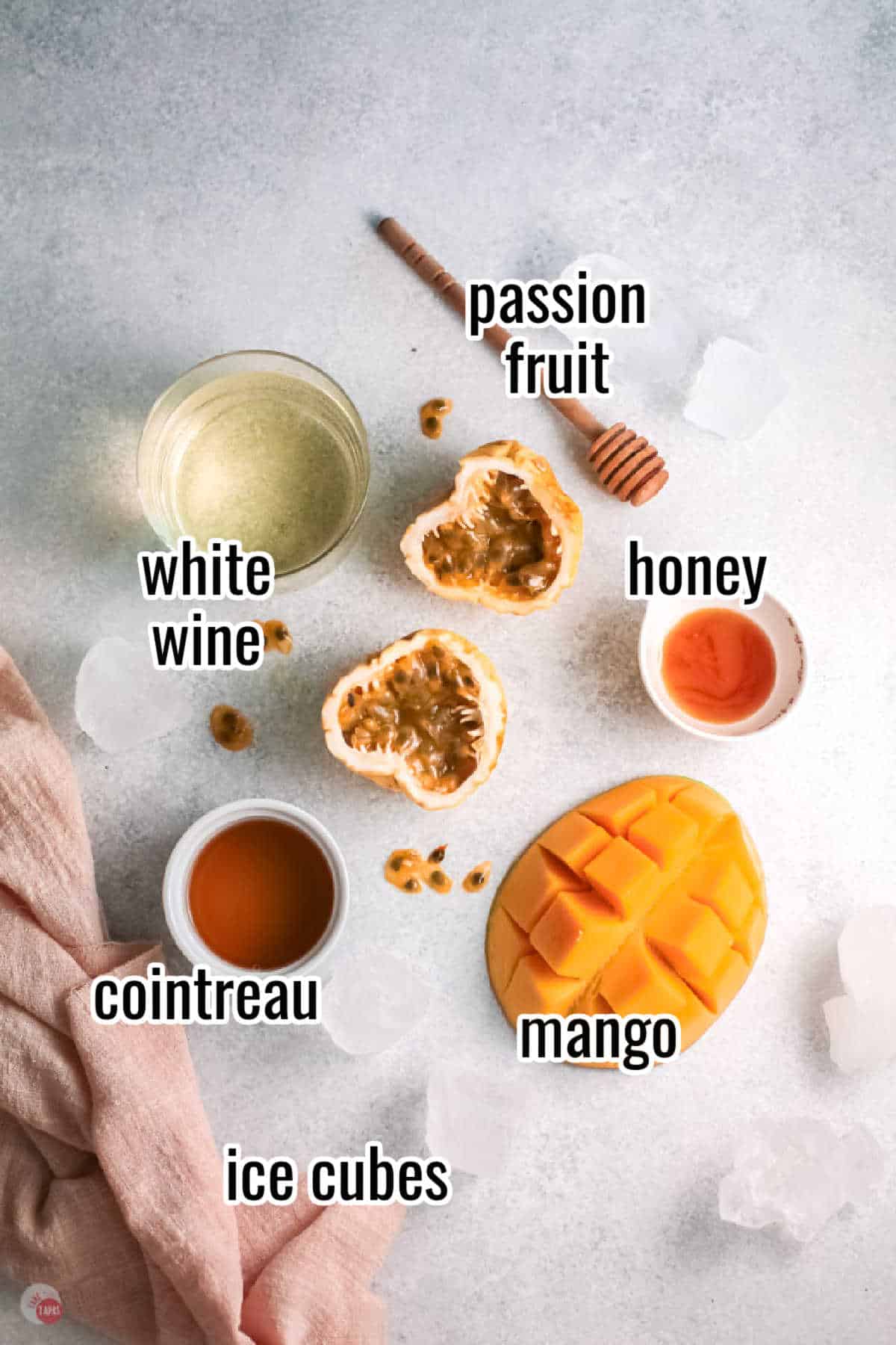 ingredients for a drink in individual bowls with text overlay labeling them.