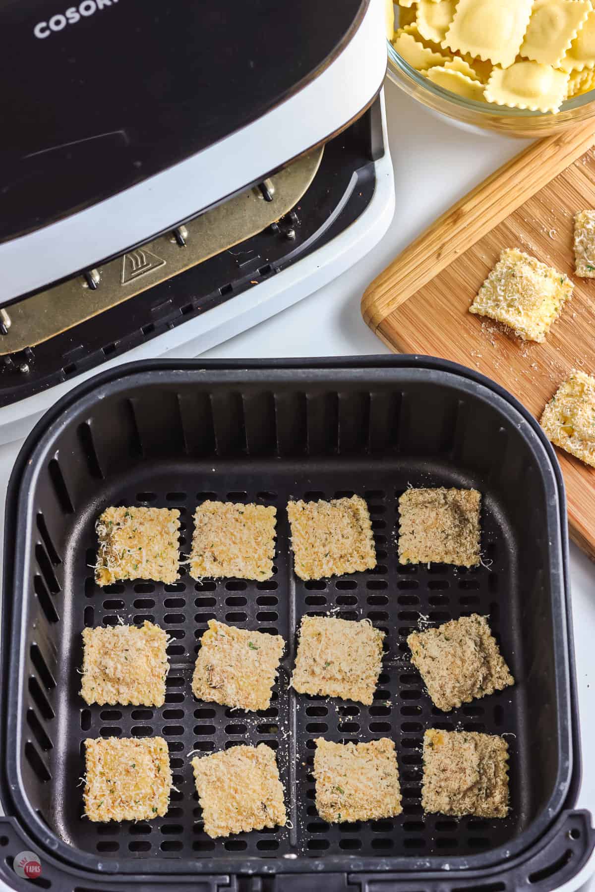 breaded ravioli in air fryer basket