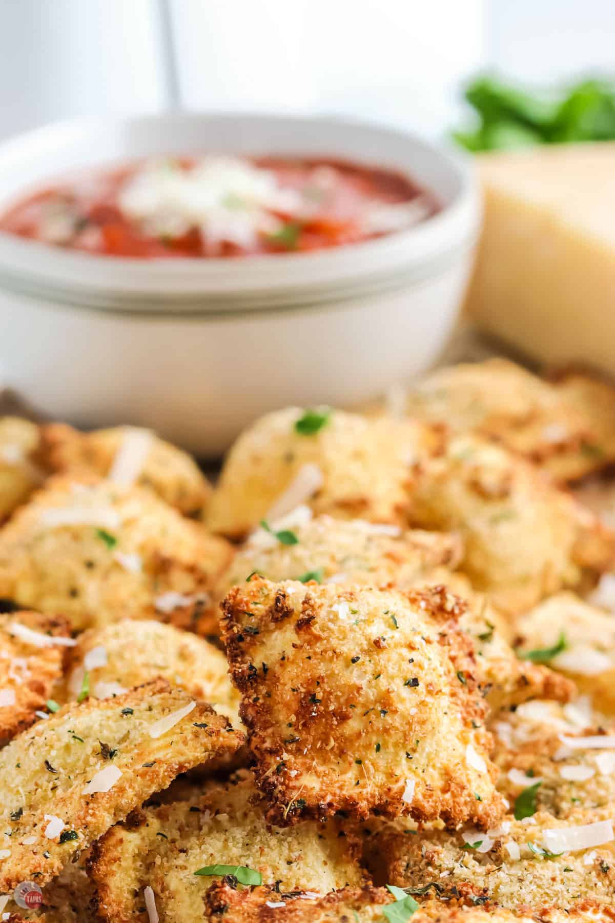 toasted ravioli on a platter