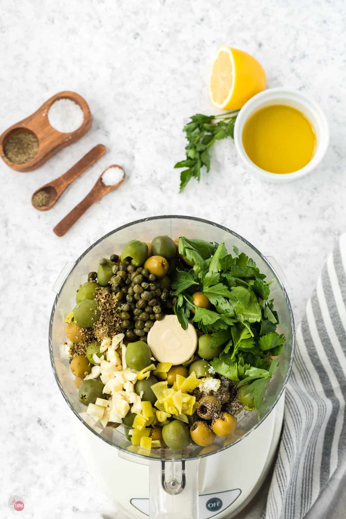 food processor bowl full of ingredients