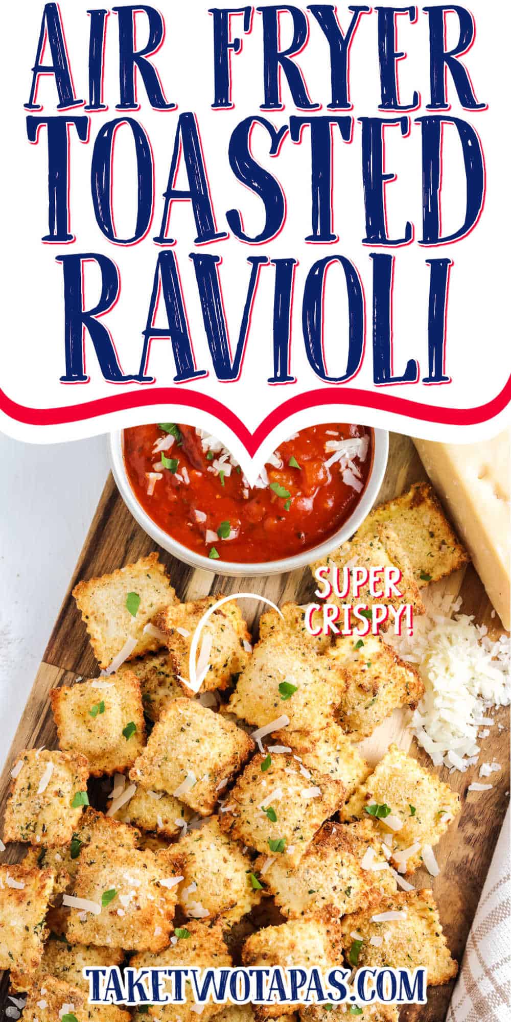 ravioli on a board with text "air fryer toasted ravioli"