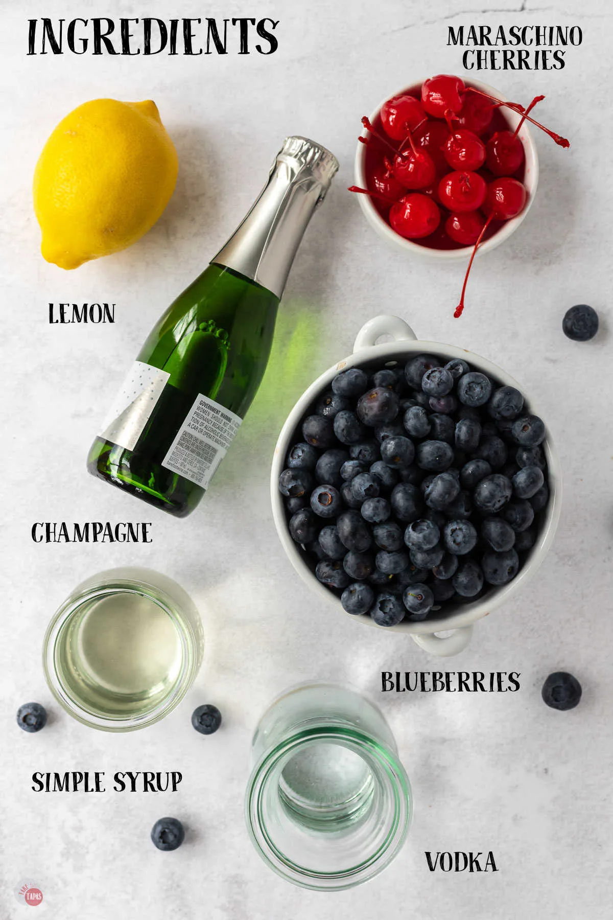 labeled picture of champagne cocktail ingredients