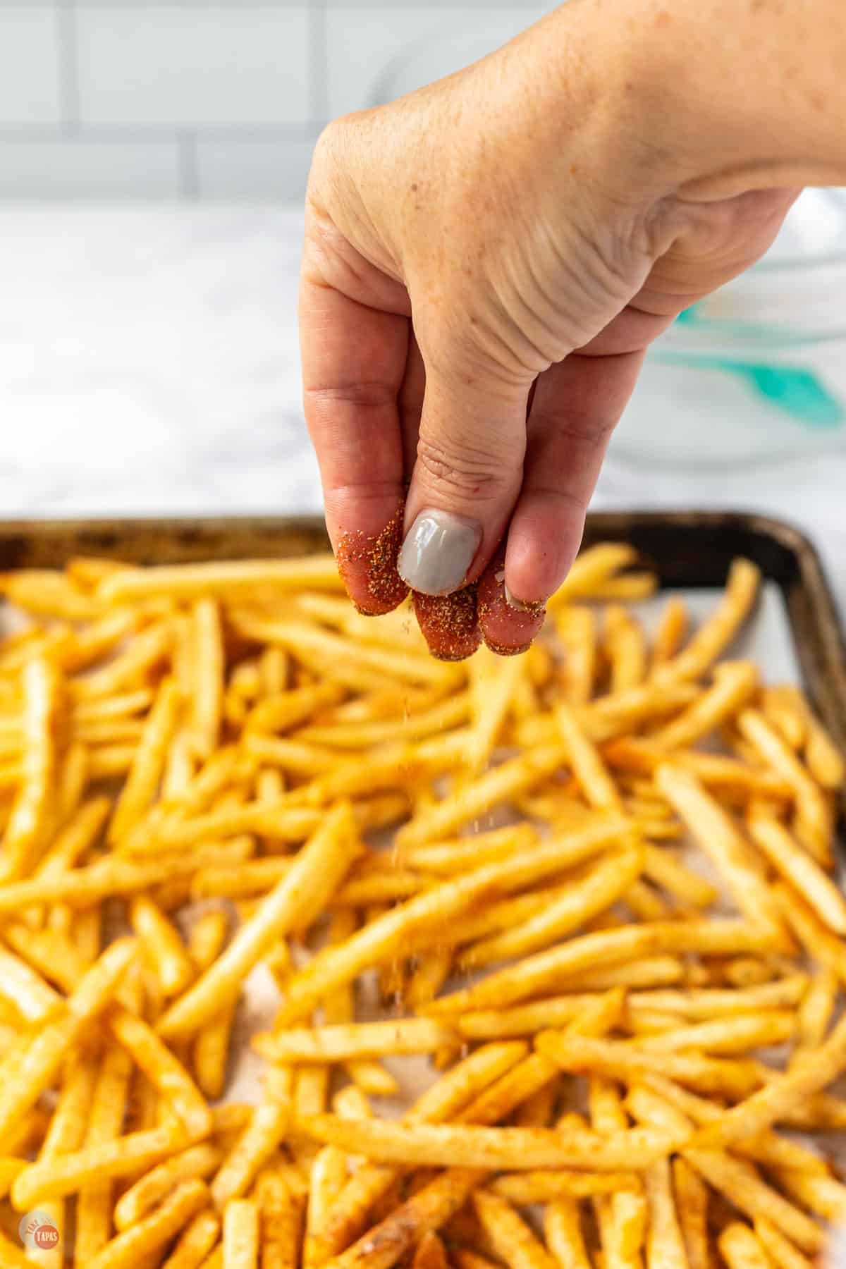 hand sprinkling seasoning on french fries