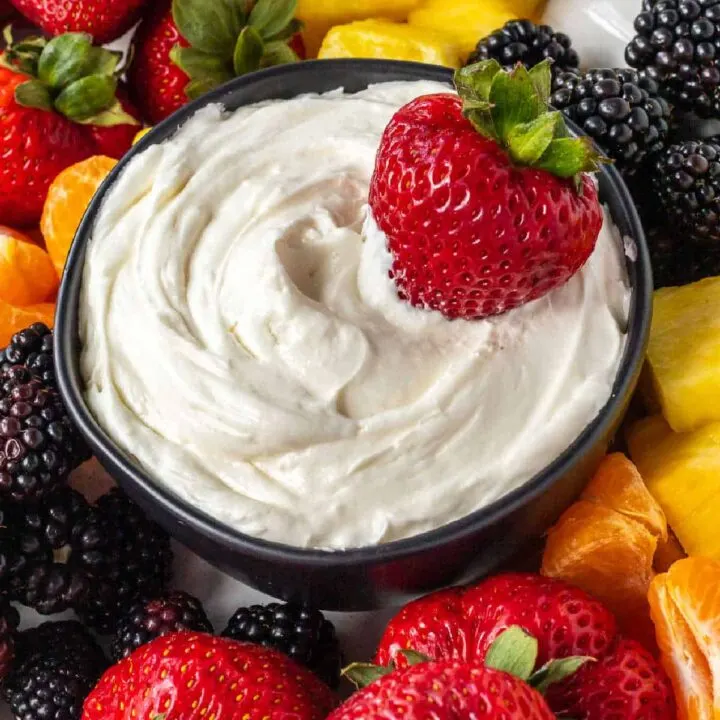 bowl of fruit dip with strawberry