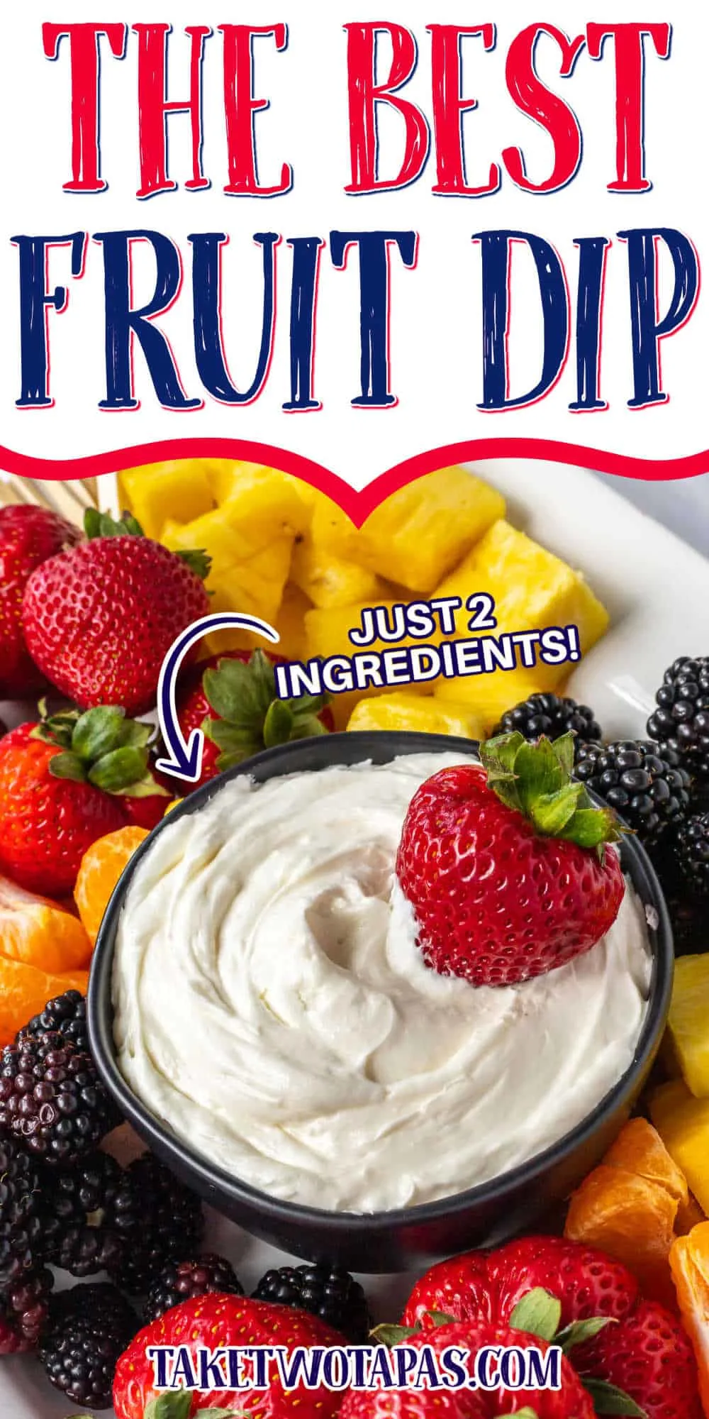 bowl of dip and strawberry with text "the best fruit dip"