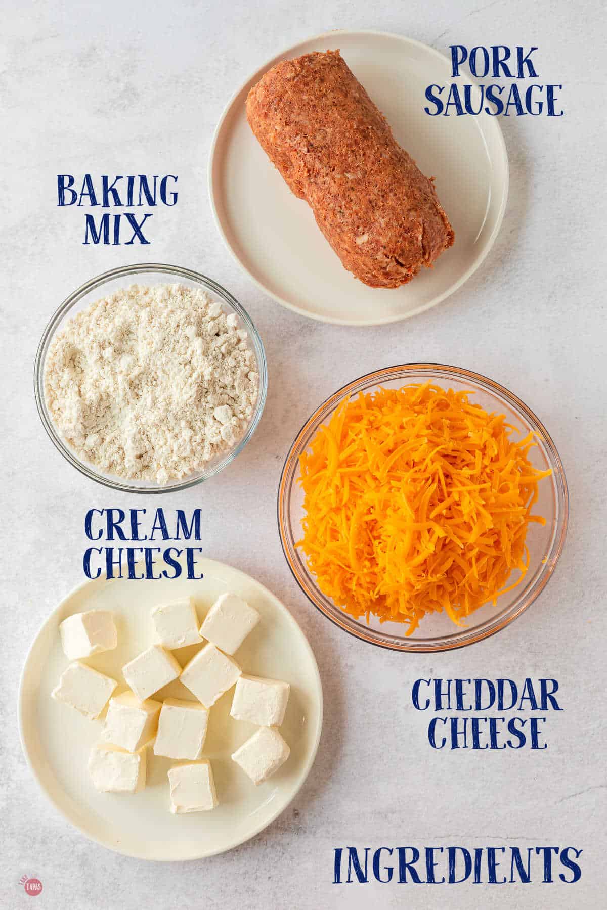 labeled picture of sausage ball ingredients not showing exact measurements