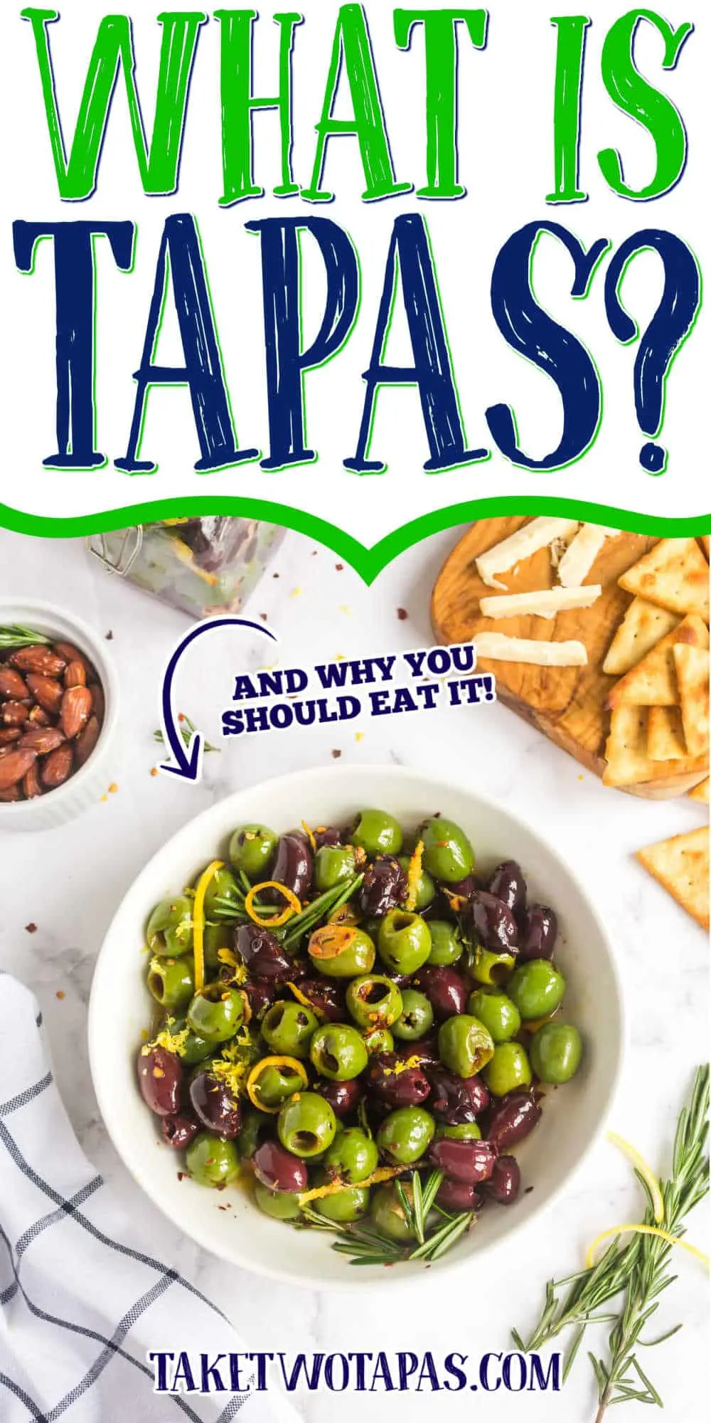 bowl of olives with text "what is tapas?"