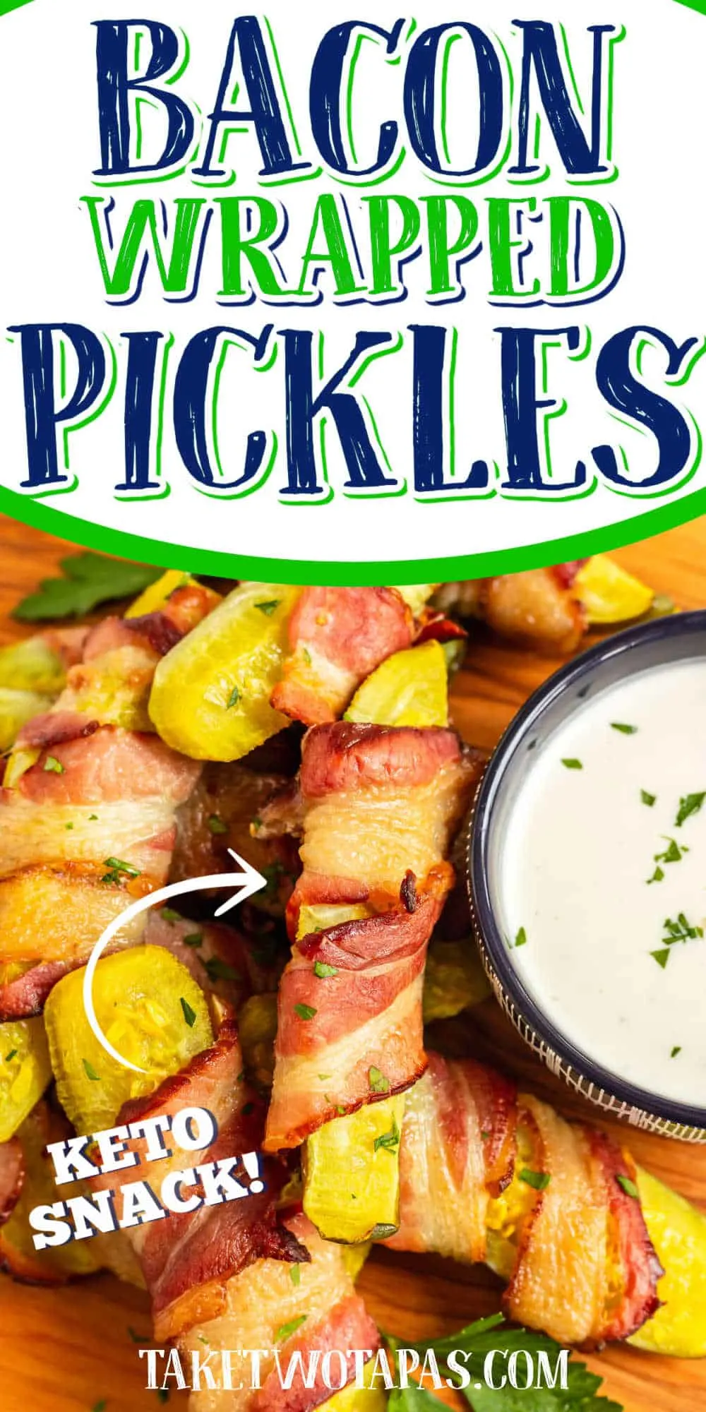 pickles with text "bacon wrapped pickles"