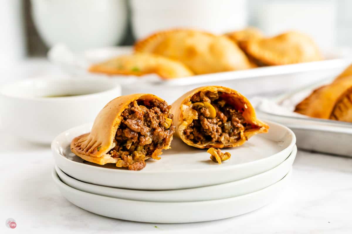 close up of empanadas cut in half