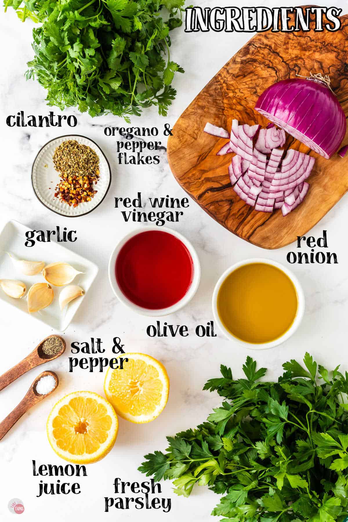 labeled picture of chimichurri sauce ingredients