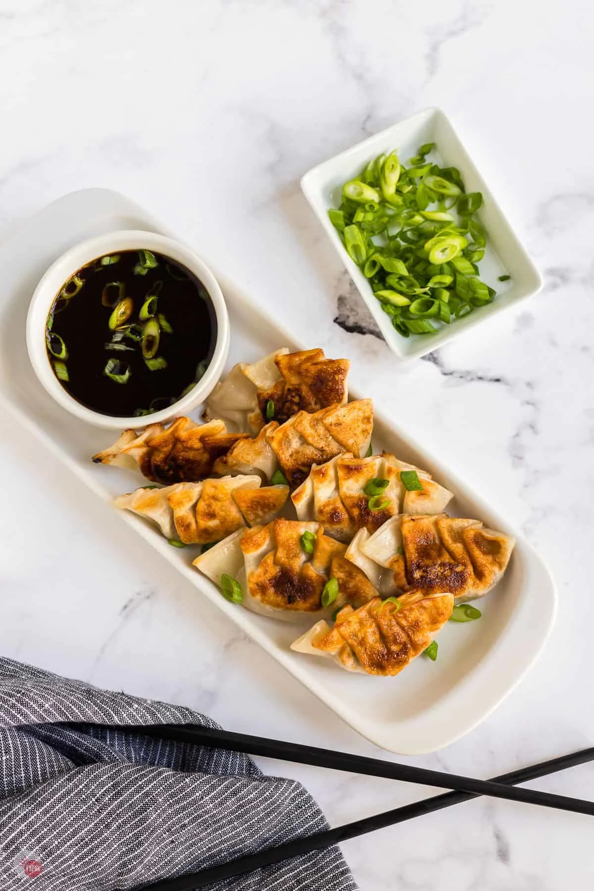 overhead tray of pan fried dumplings