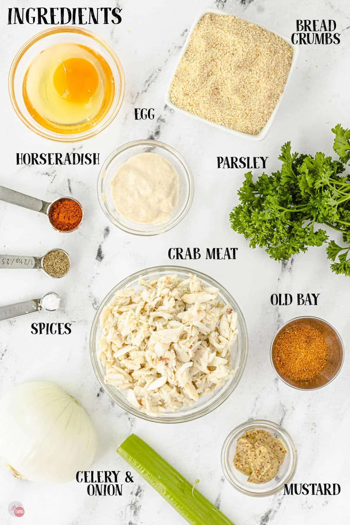 labeled picture of ingredients for easy crab cakes recipe