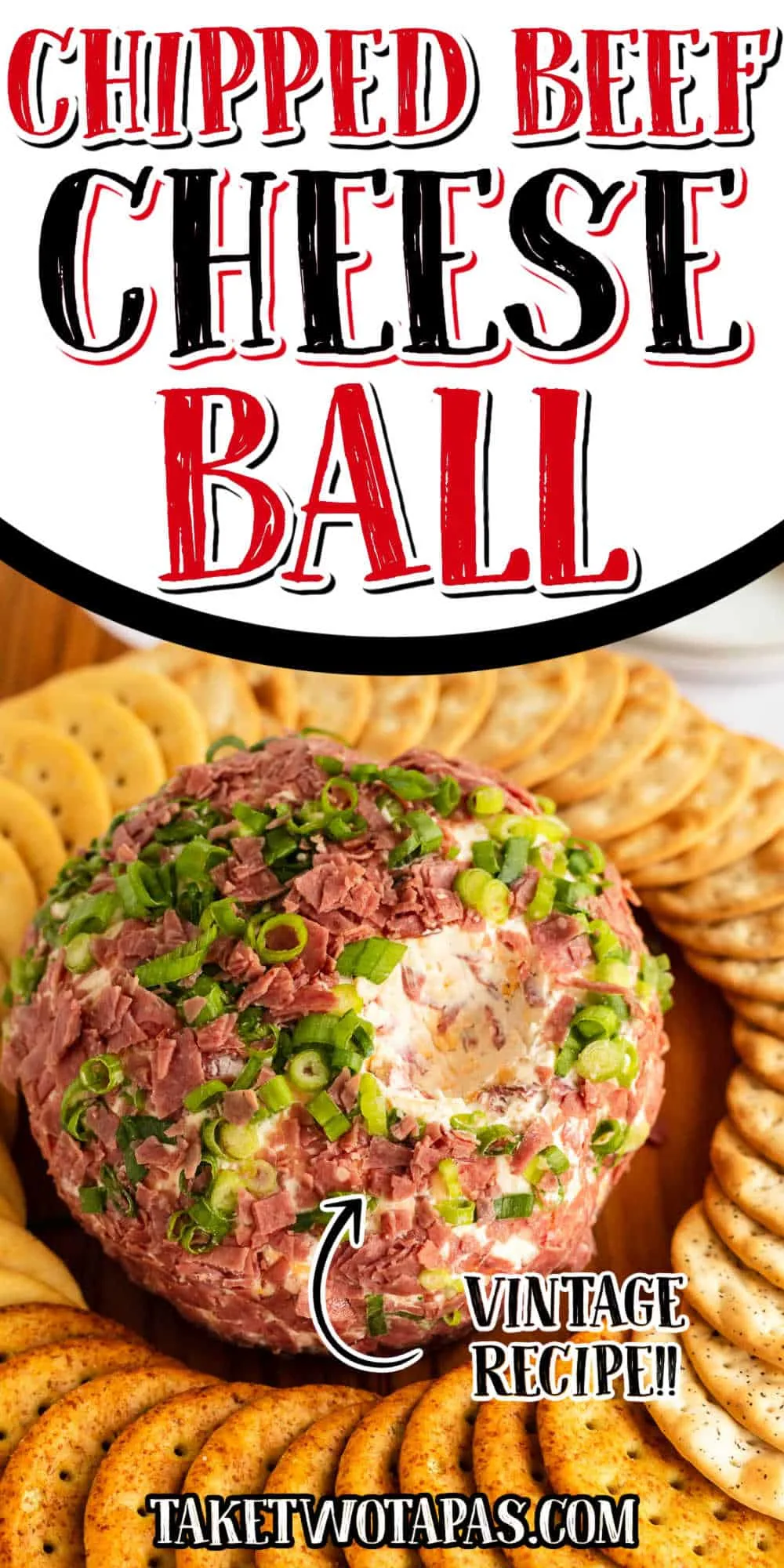 cheese ball with text "chipped beef vintage recipe"