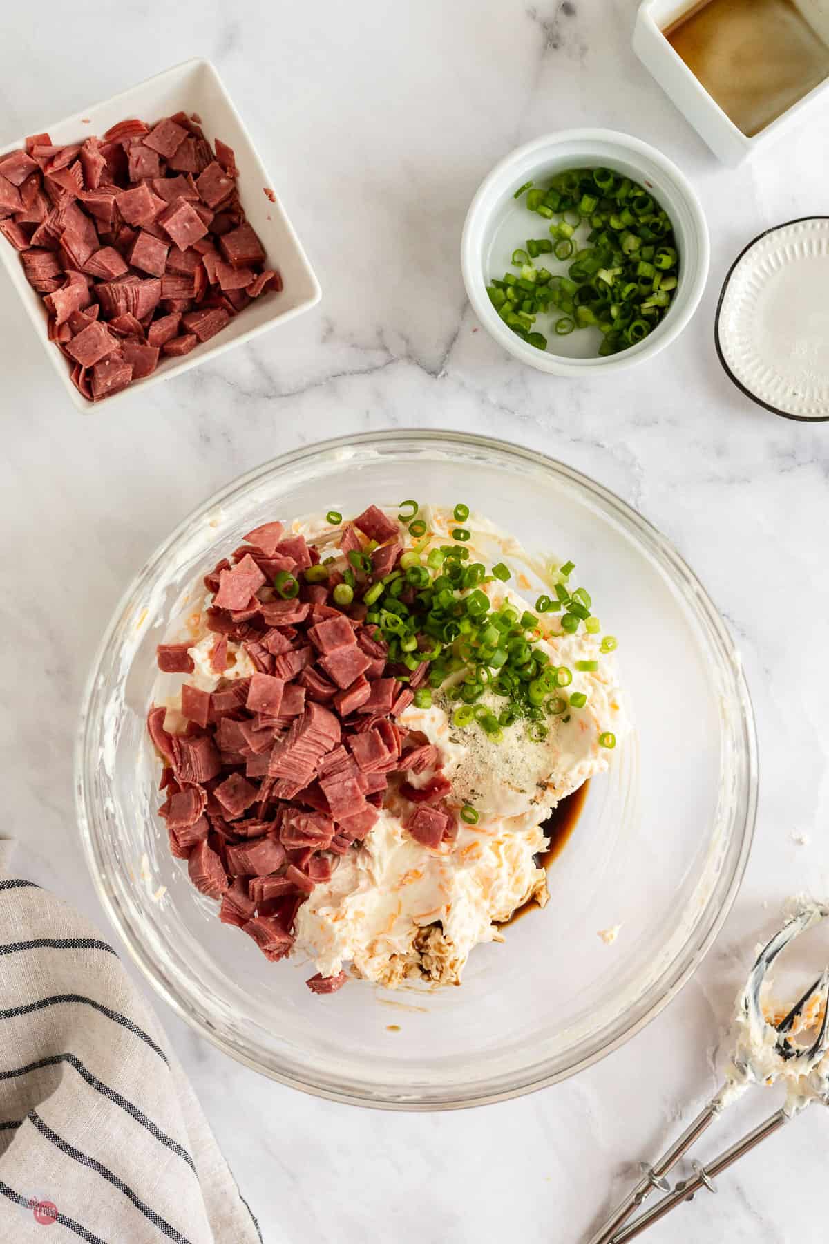 cream cheese and dried beef in a bowl