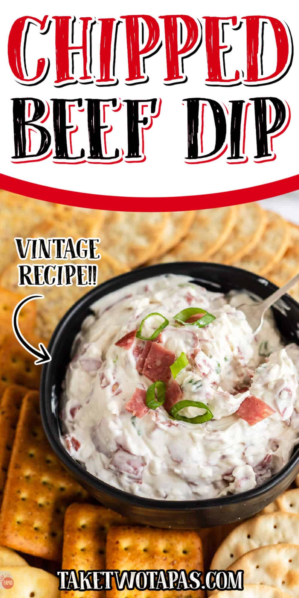 dip and crackers with text "chipped beef dip vintage recipe"