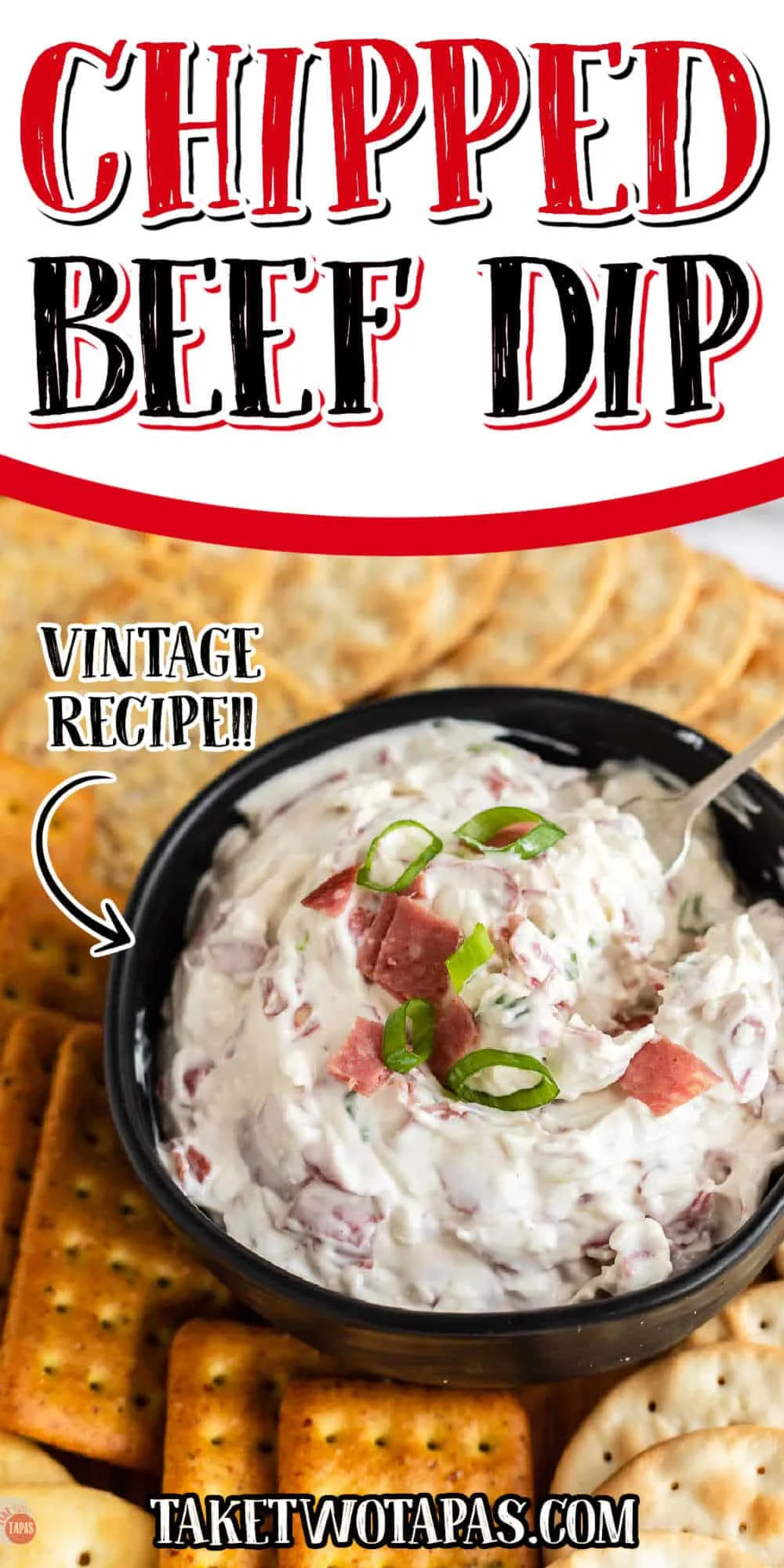 dip and crackers with text "chipped beef dip vintage recipe"