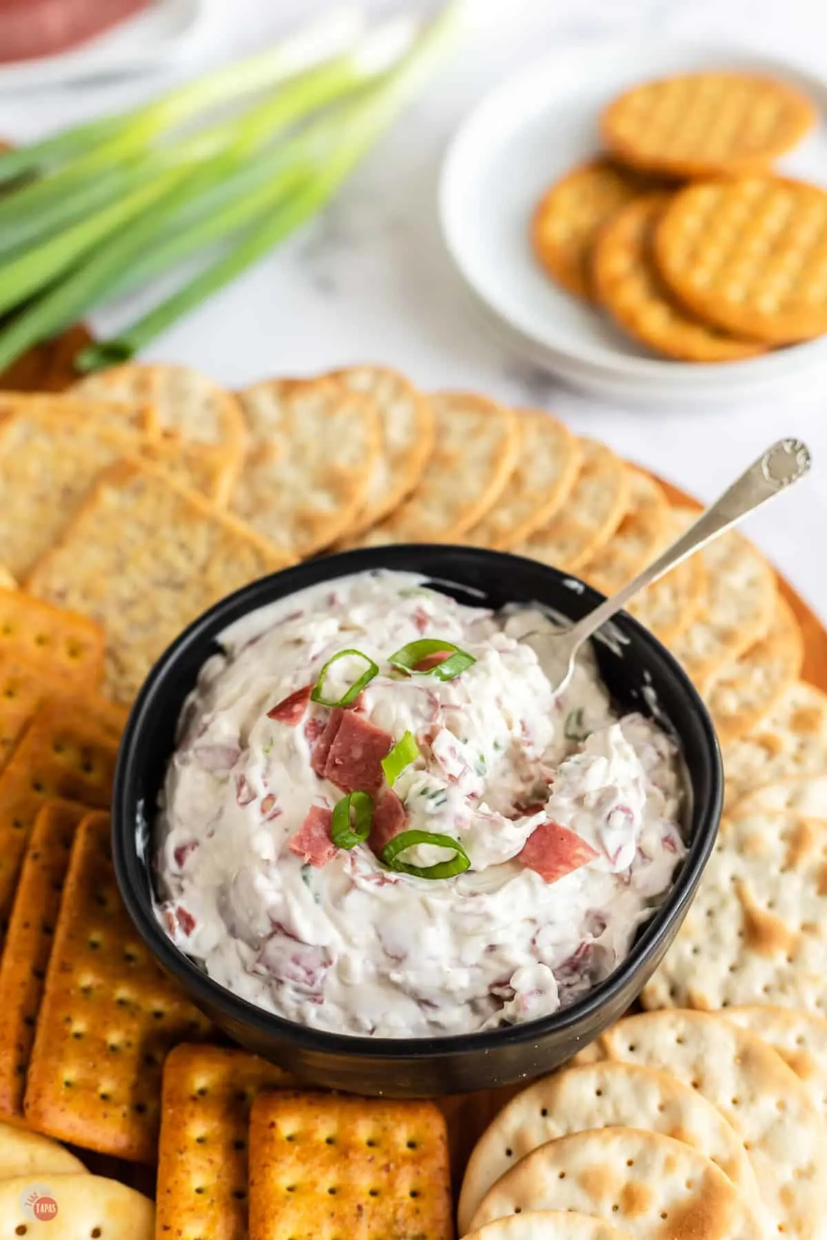 bowl of dip and crackers