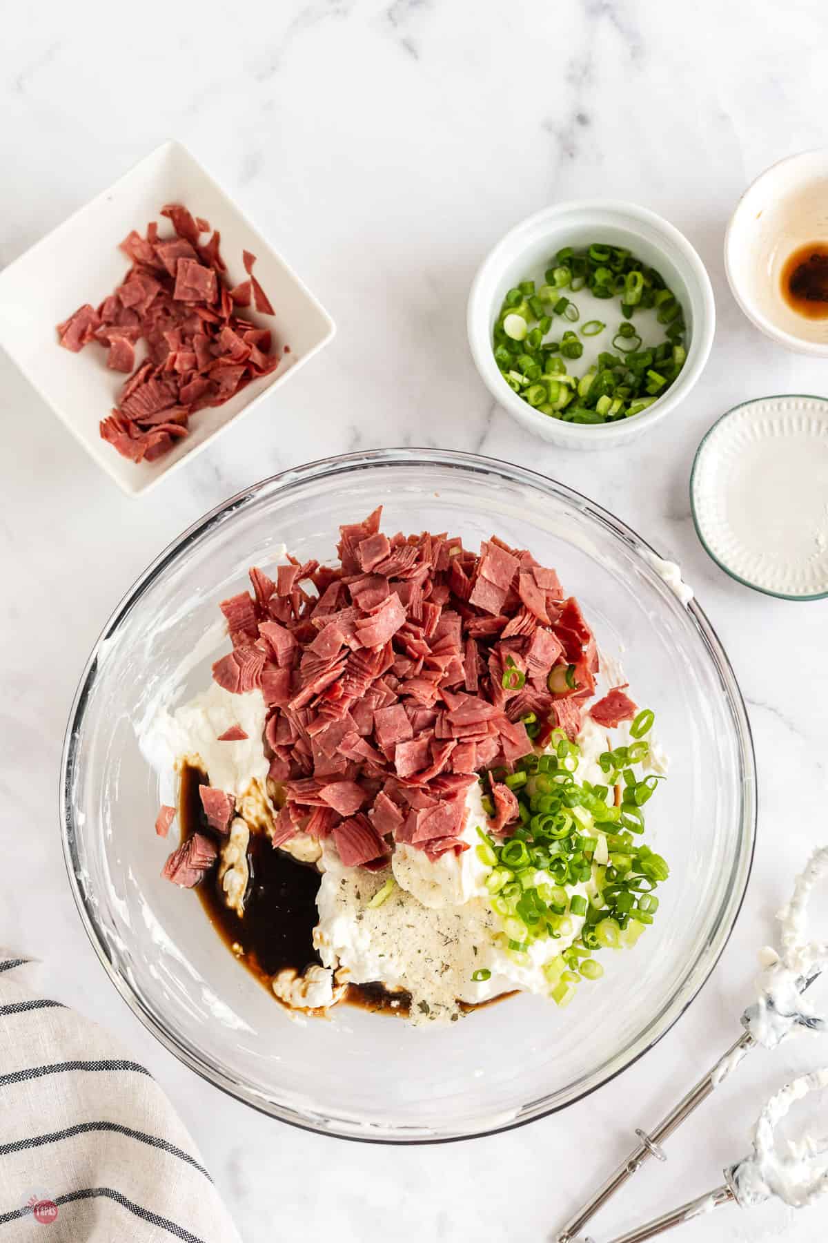 dip ingredients in a bowl