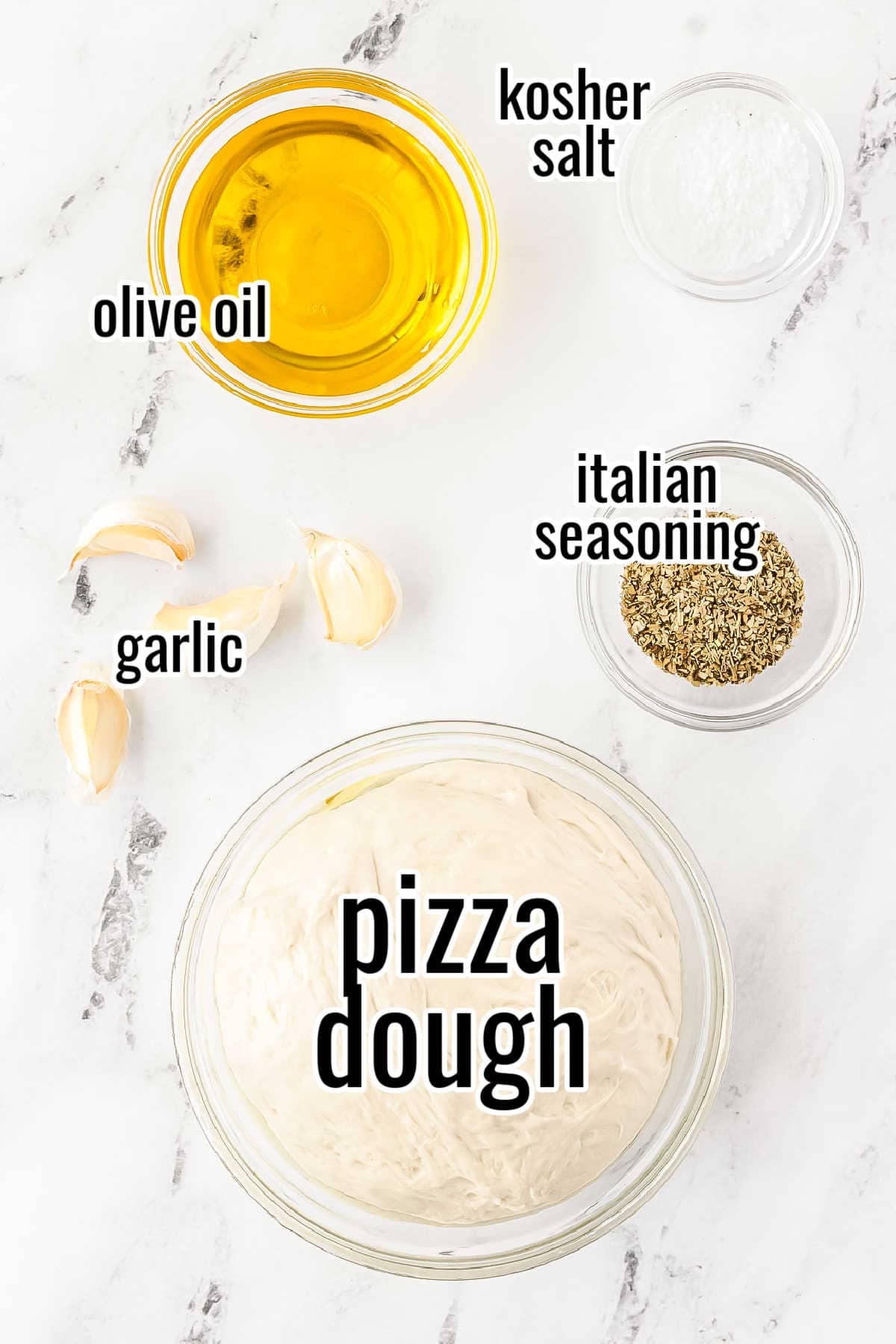 ingredients for garlic knots with text overlay labeling them