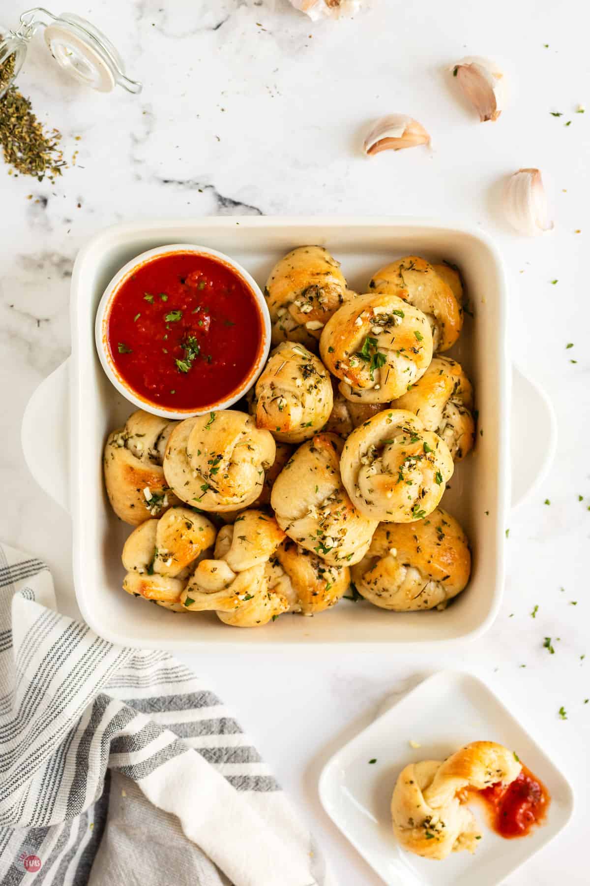 bowl of knots with marinara sauce