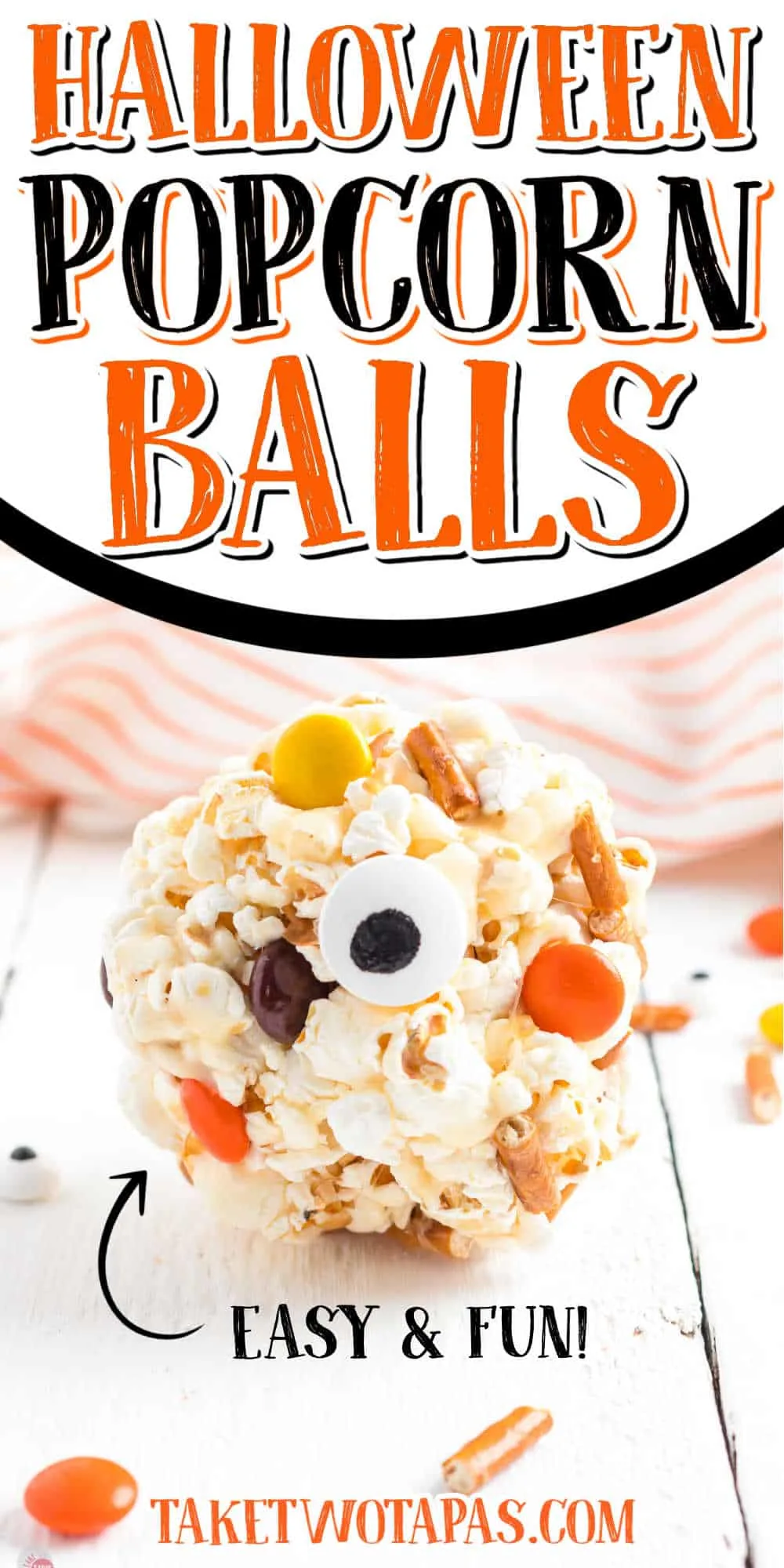 popcorn ball with text "halloween fun & easy"