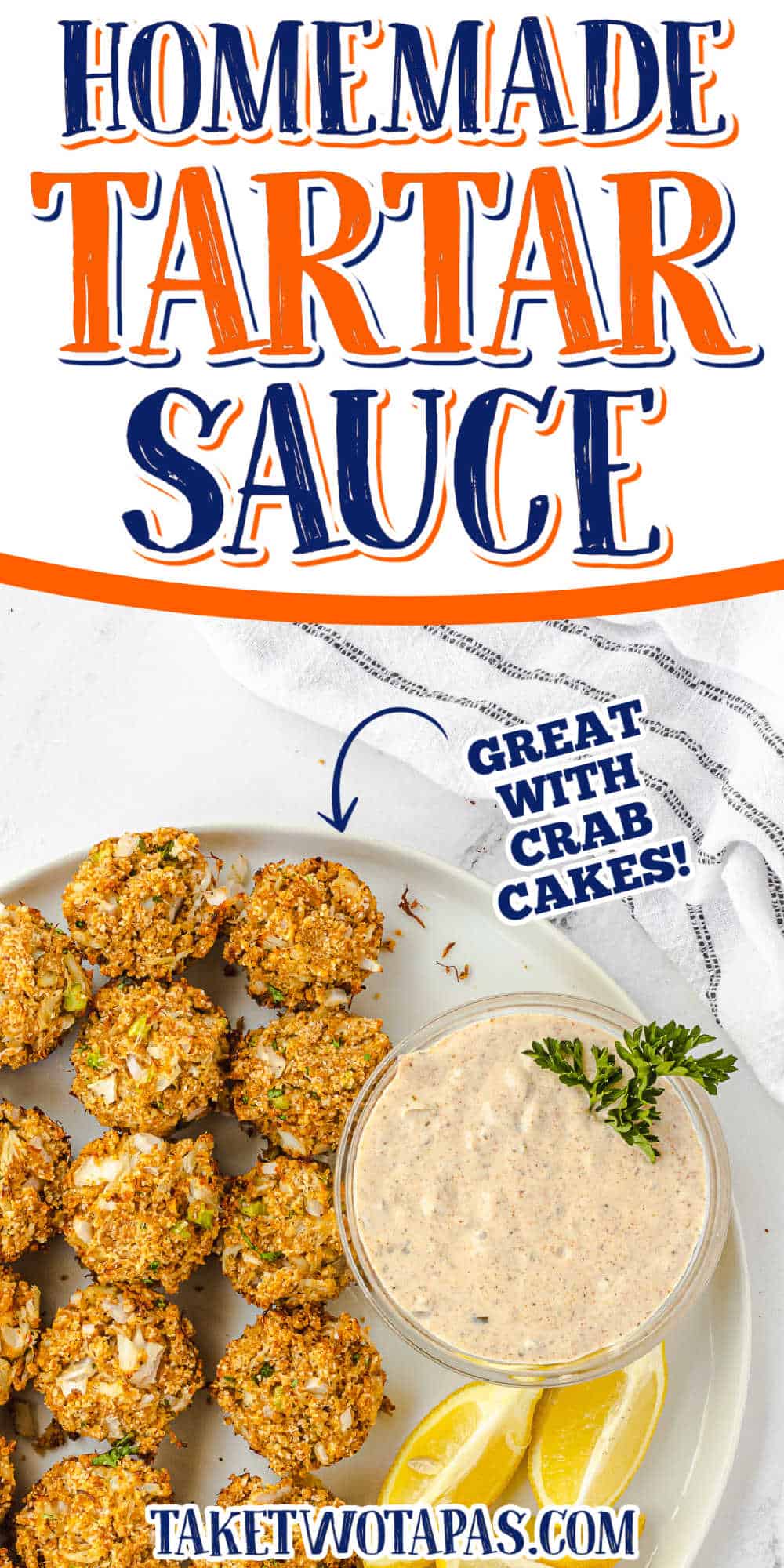 bowl of tartar sauce with text "great with crab cakes"