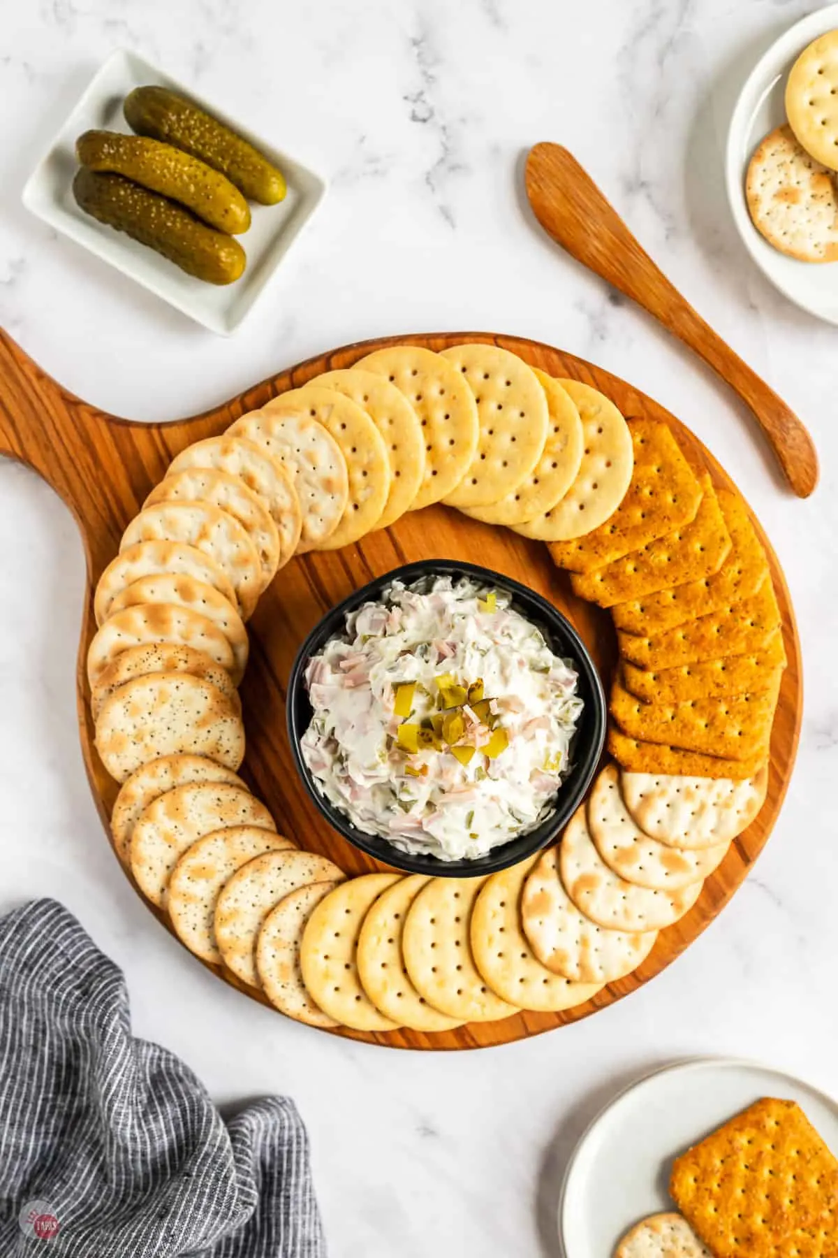 platter of crackers and pickle dip