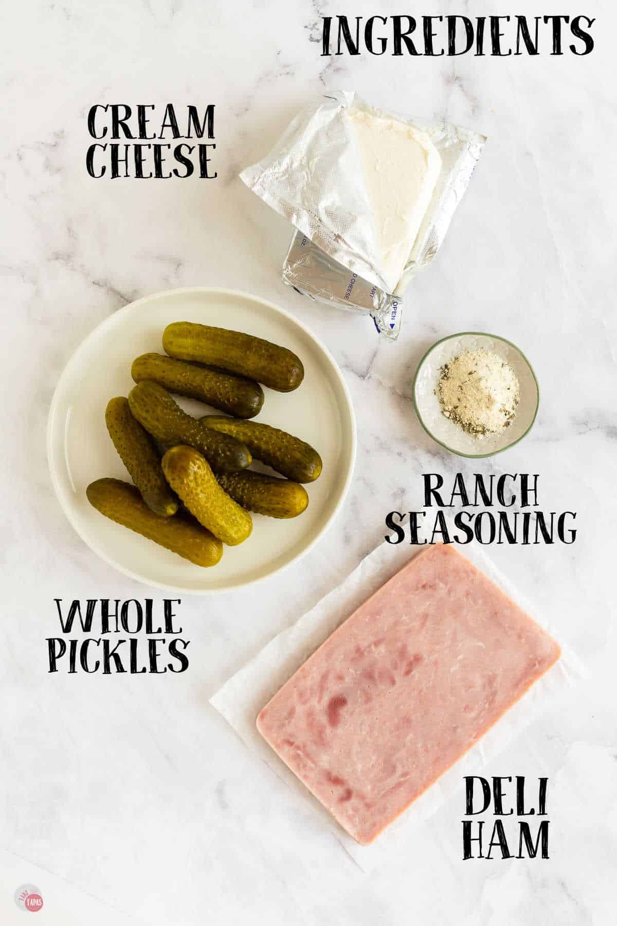 labeled picture of ingredients for ham pickle roll ups