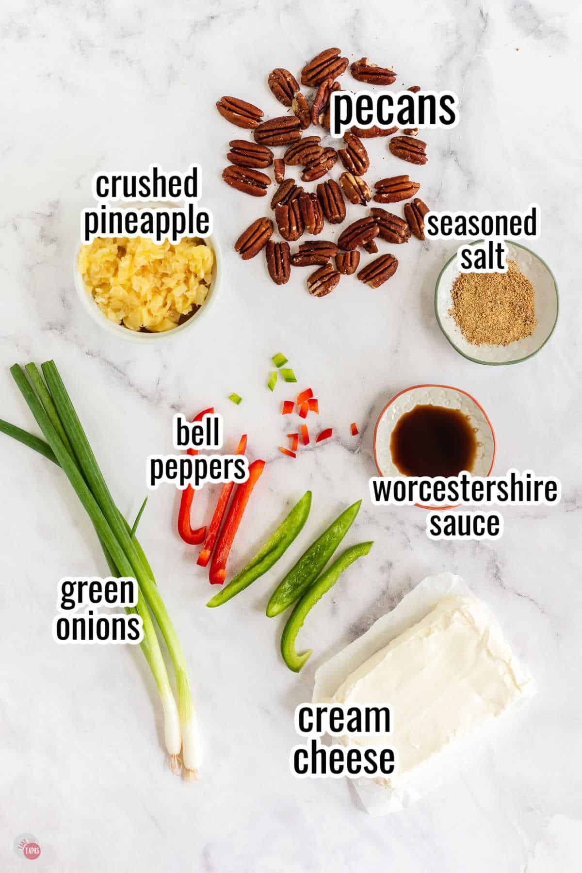 ingredients for a fruit cheese ball with text overlay labeling them