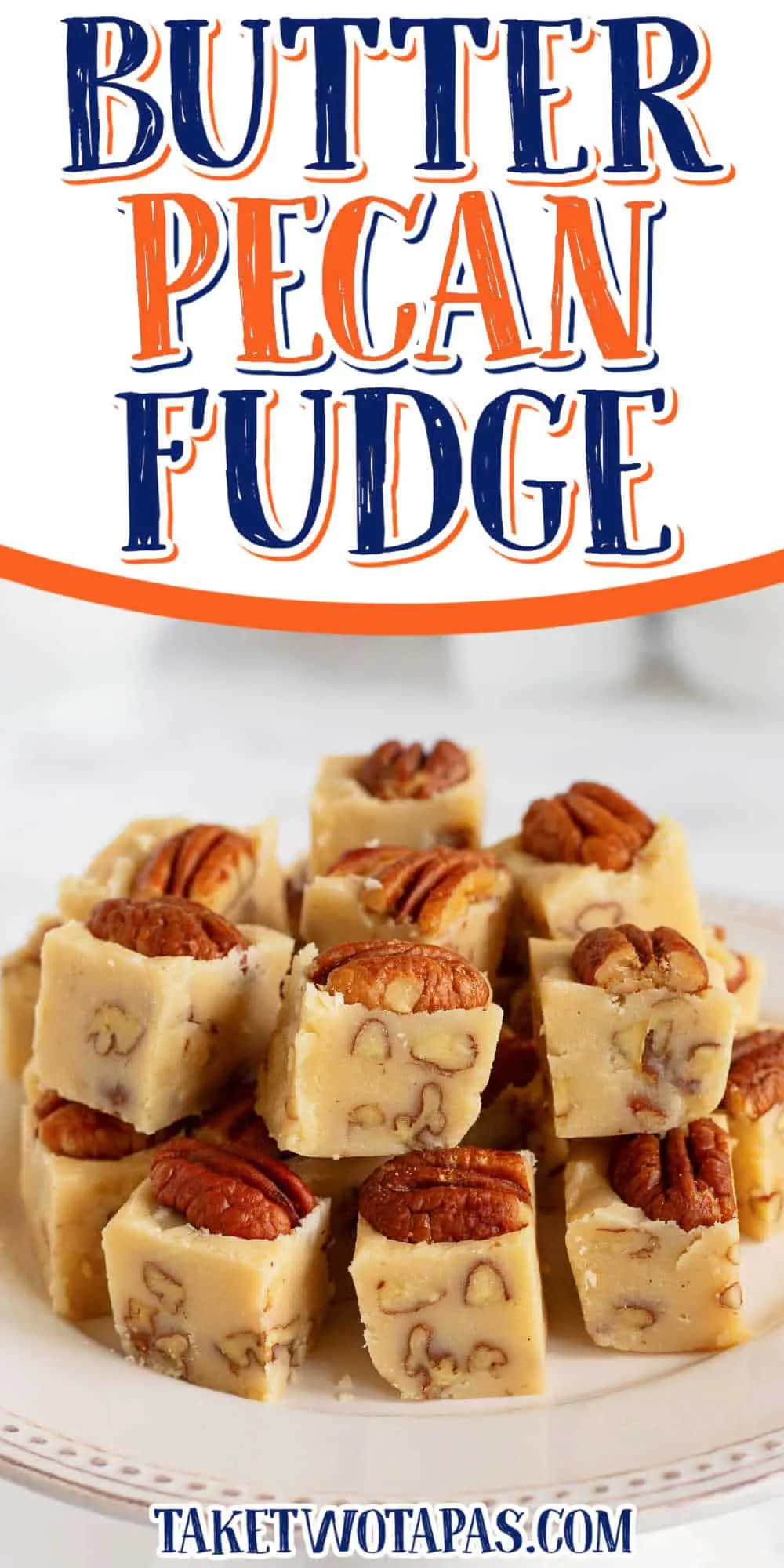 stack of fudge with text "butter pecan"