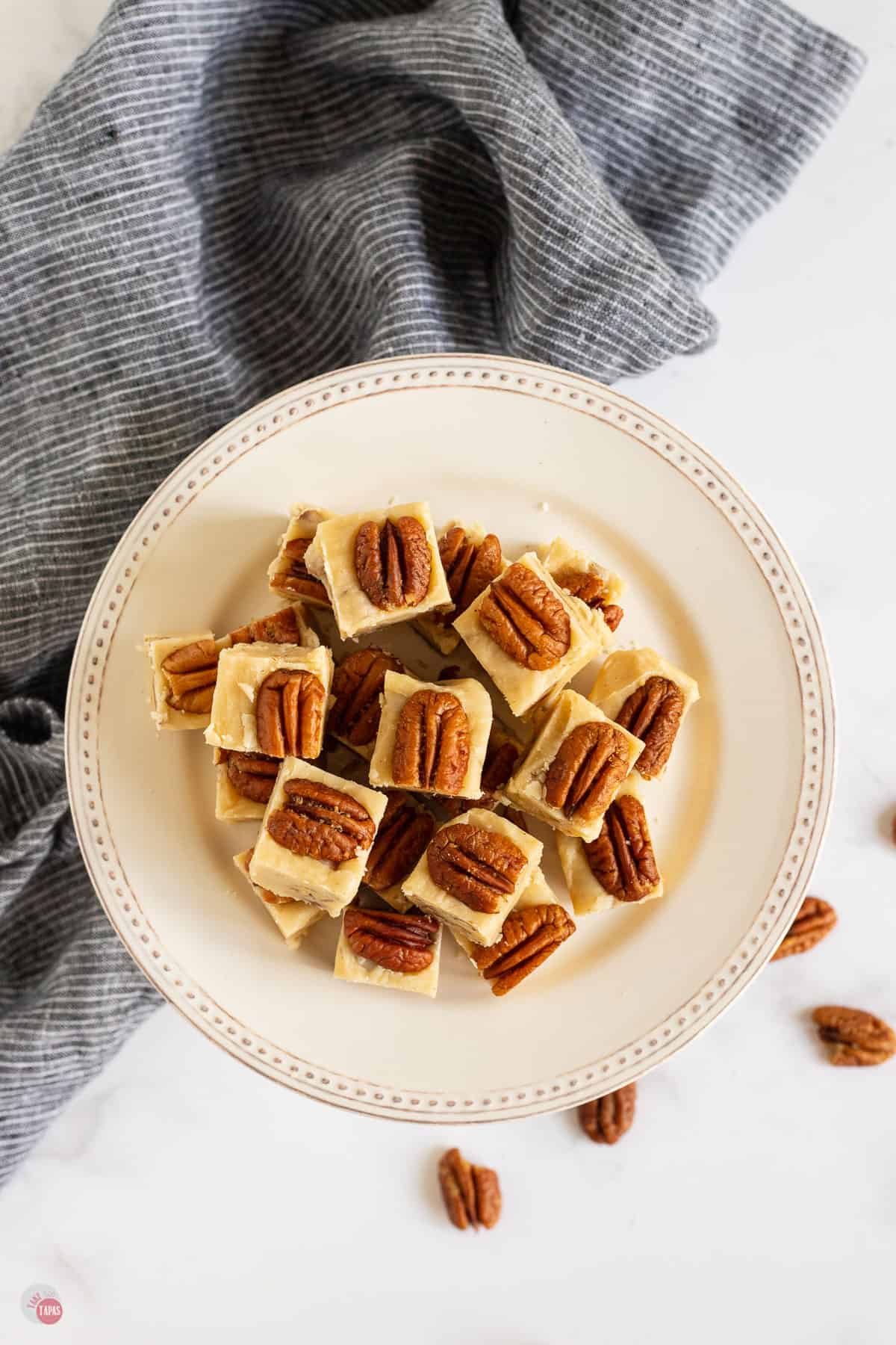 overhed picture of butter pecan fudge on a platter