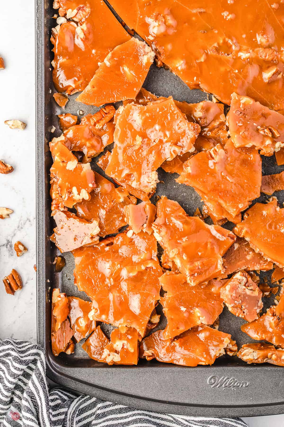 toffee pieces on a baking tray