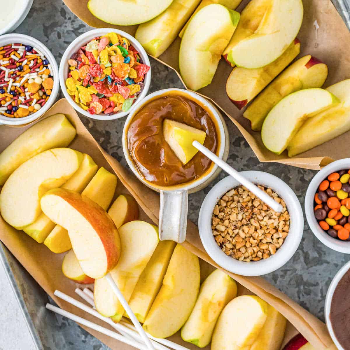 overhead picture of DIY caramel apple bar