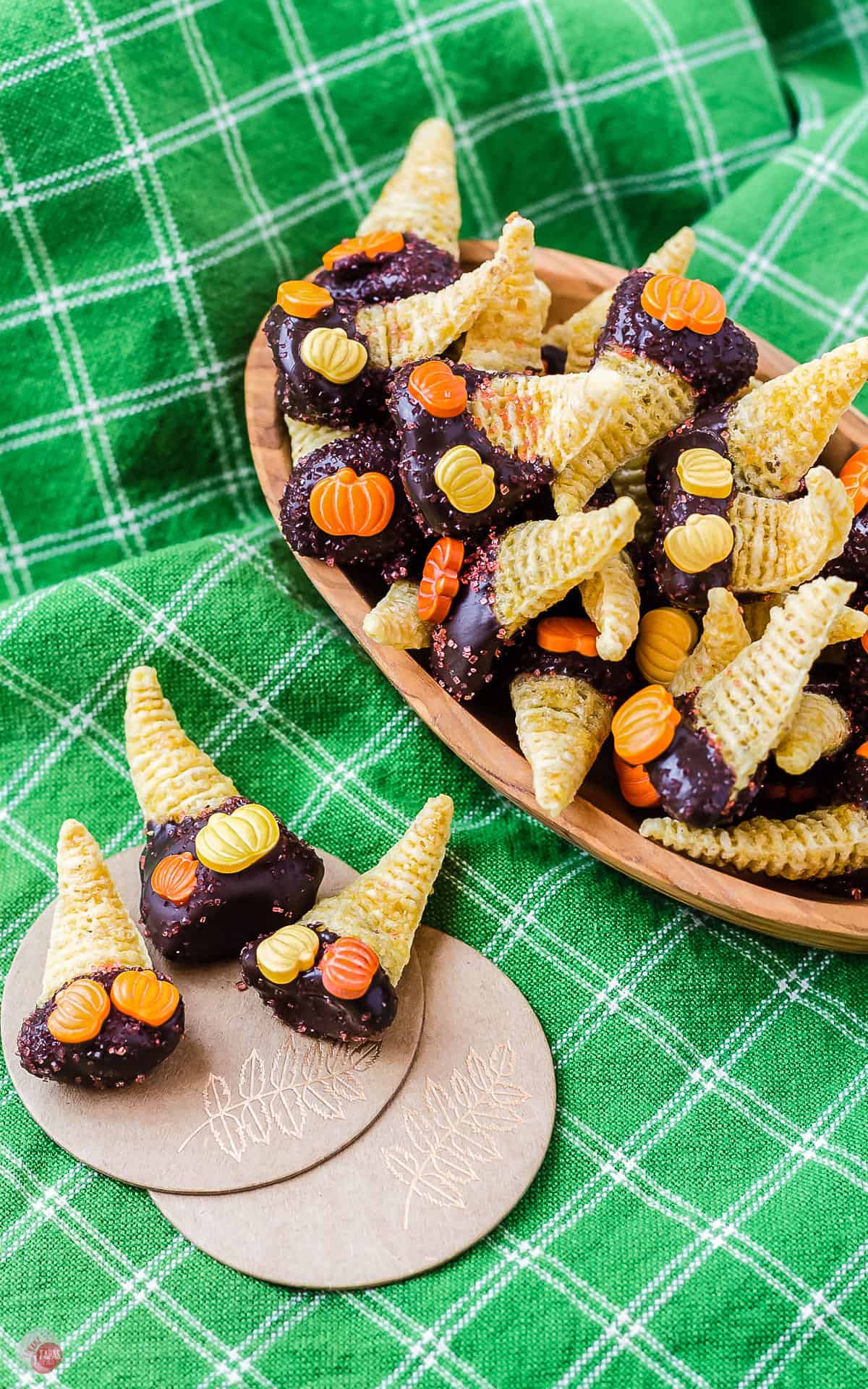 close up of dulce de leche bugles with pumpkin sprinkles