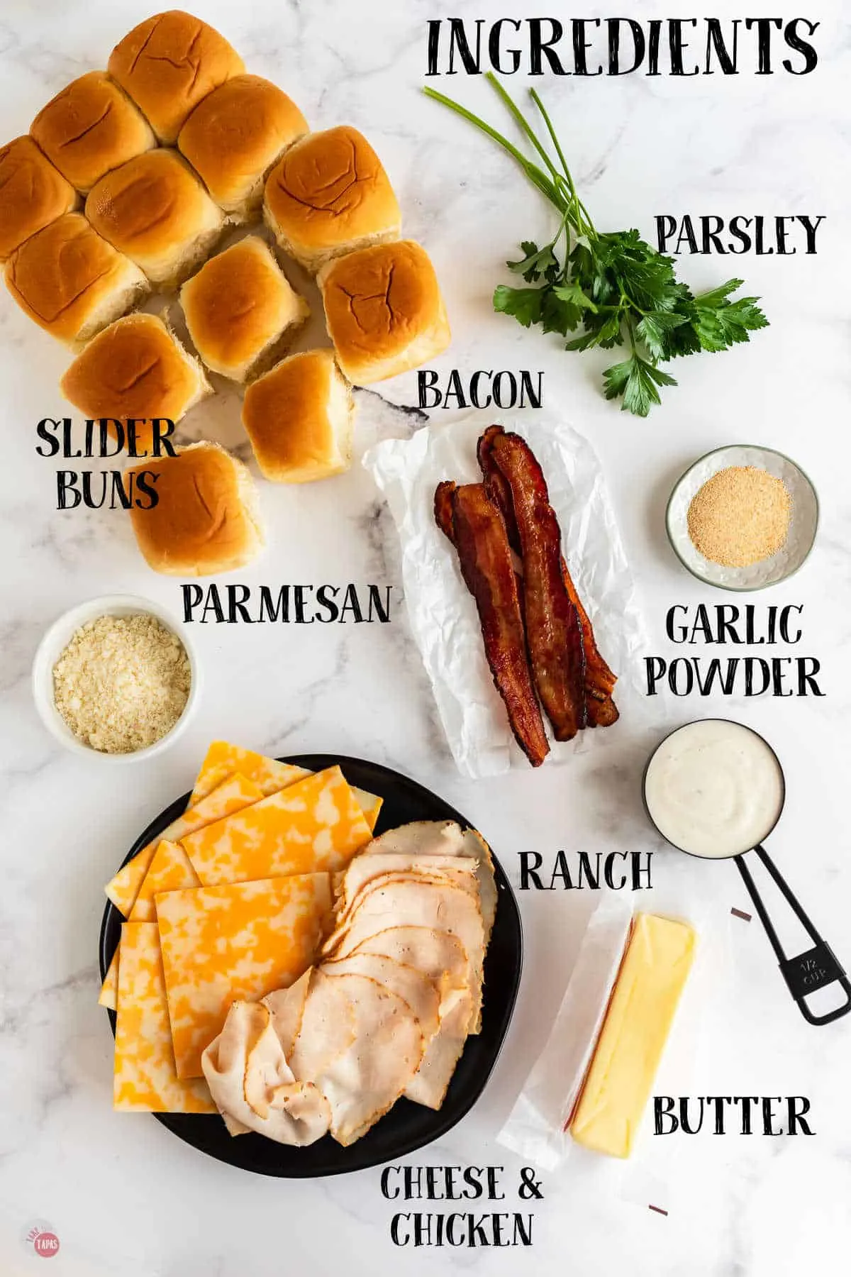 labeled picture of chicken bacon ranch slider ingredients