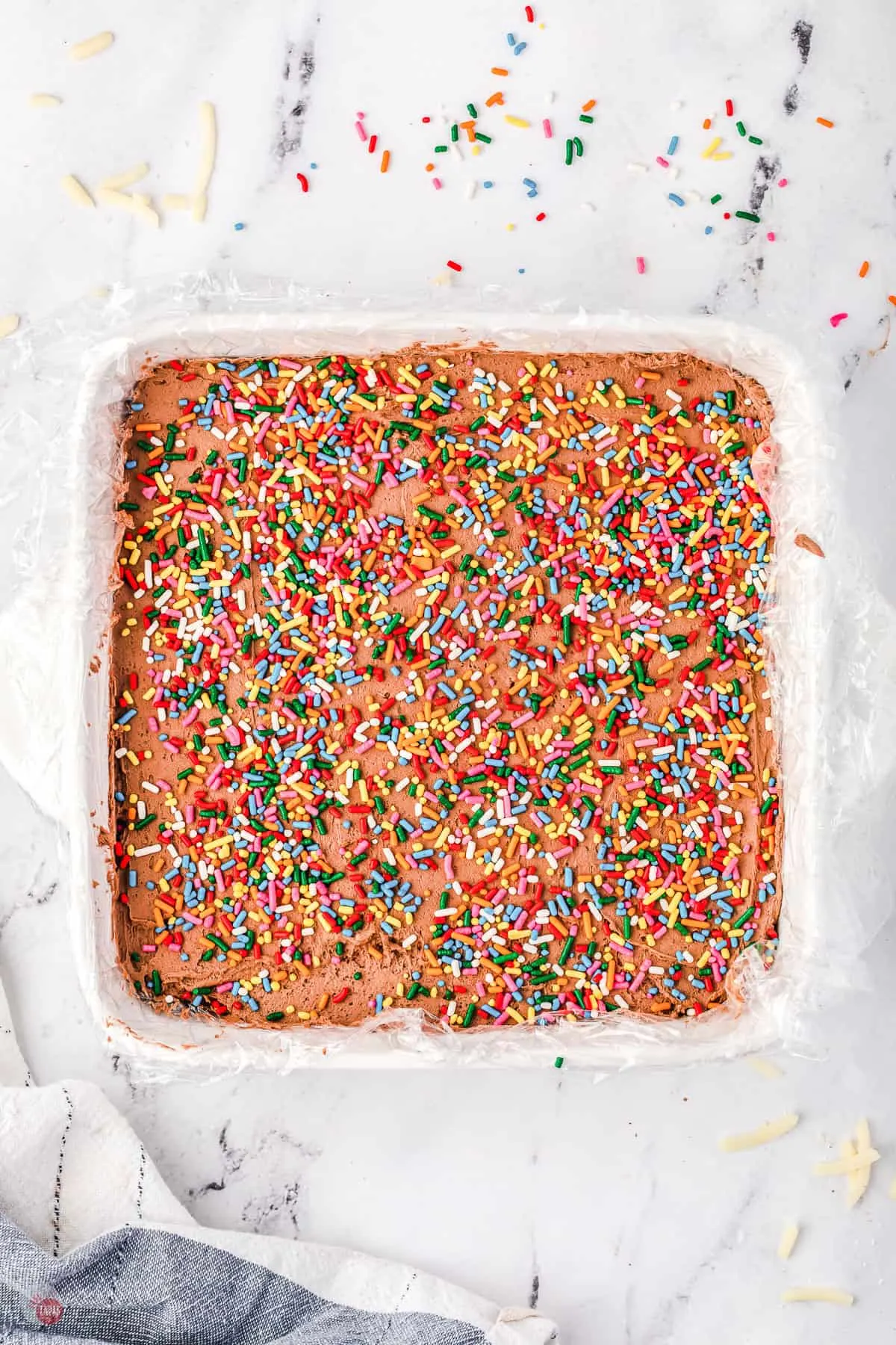 fudge in pan with sprinkles