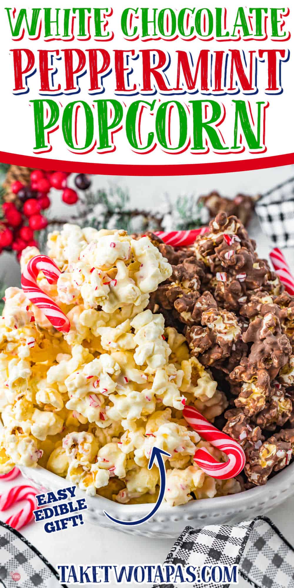 bowl of popcorn with text "white chocolate peppermint popcorn"