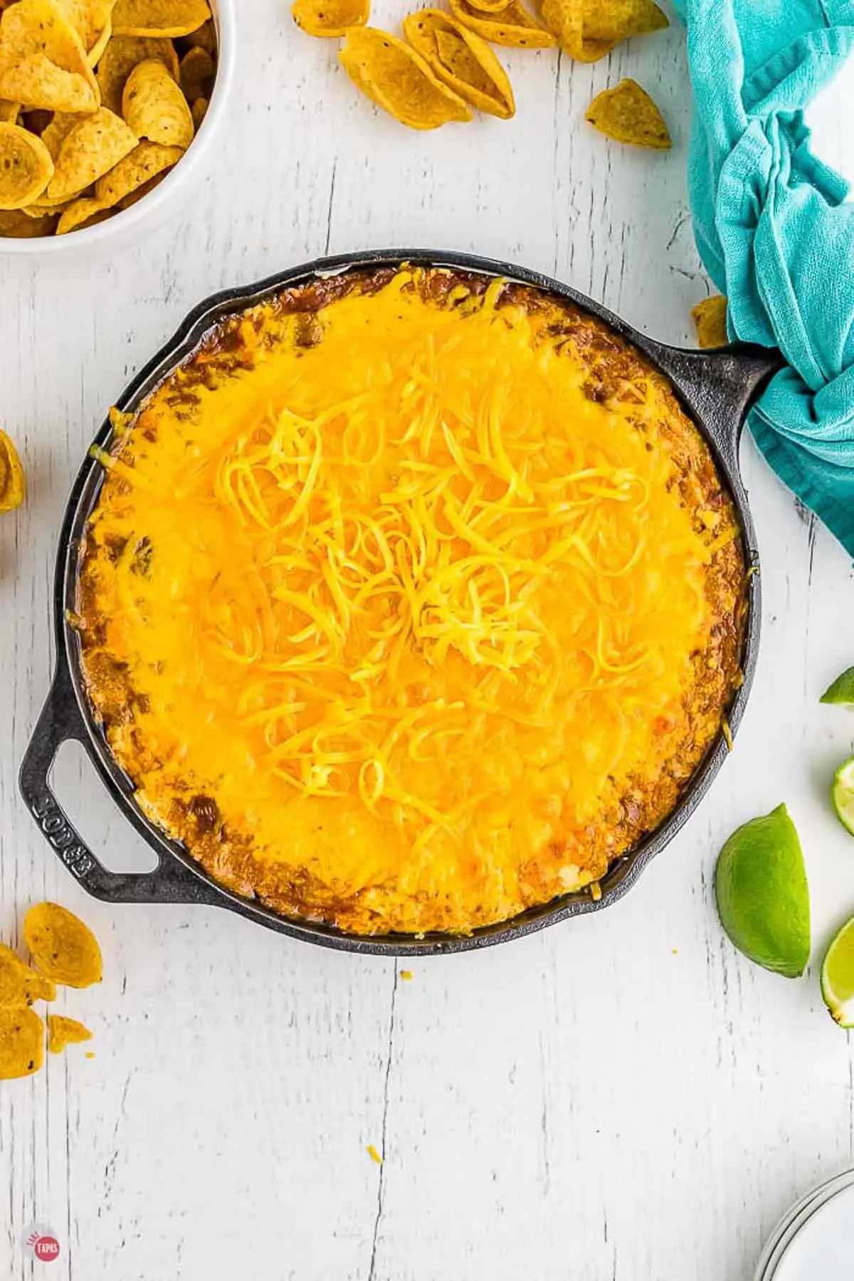 frito pie dip in a cast iron skillet dip